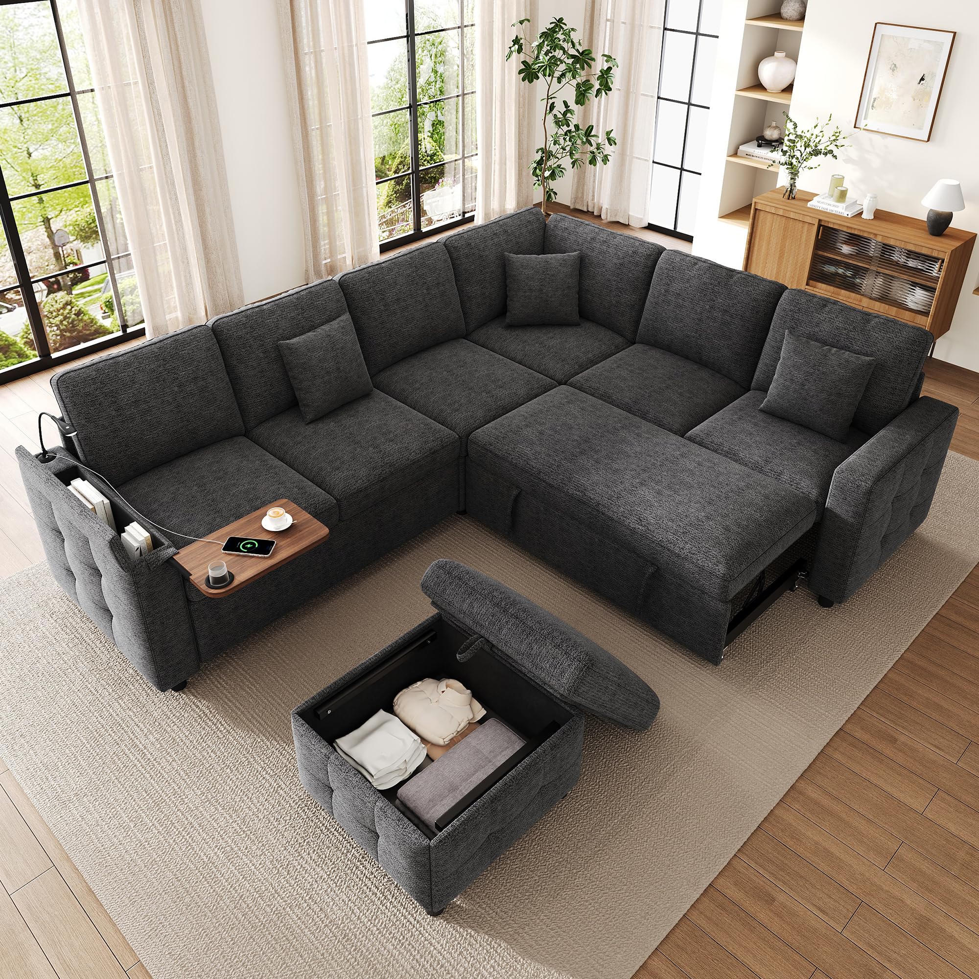 Sofá modular de 7 plazas con función de cama y compartimento de almacenamiento, sofá esquinero en L con lectura LED, puertos USB y USB-C, sofá cama con portavasos, sofás convertible, chenilla y