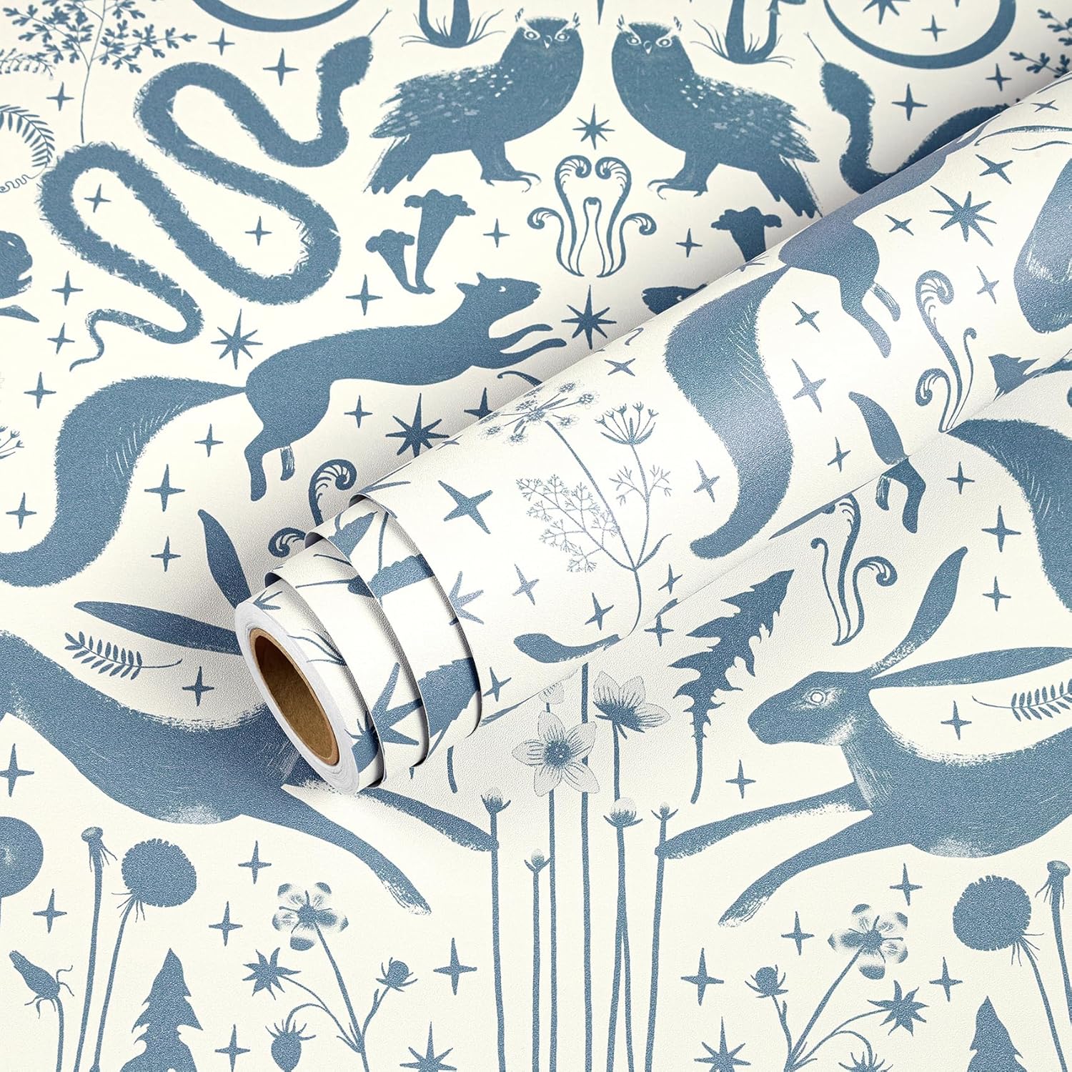 Livelynine 17.5x276 Blue Peel and Stick Wallpaper Woodland Animal Moon Stars Floral Bird Blue Wall Paper for Bedrooms Boys Room Playroom Classroom Nursery Renter Friendly Contact Paper Decorative