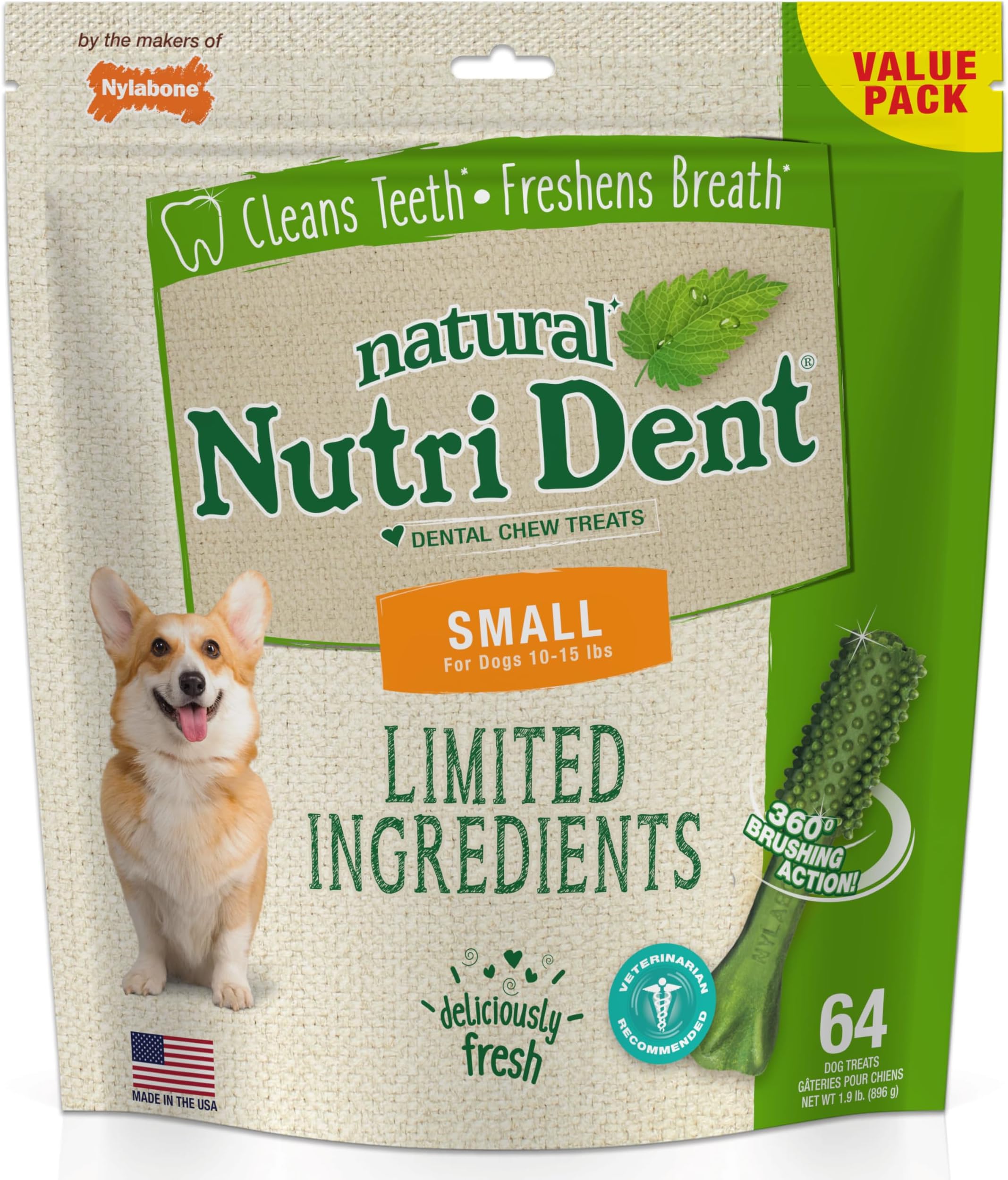 Nylabone Nutri Dent Natural Dental Fresh Breath Flavored Chew Treats Small (64 Count)