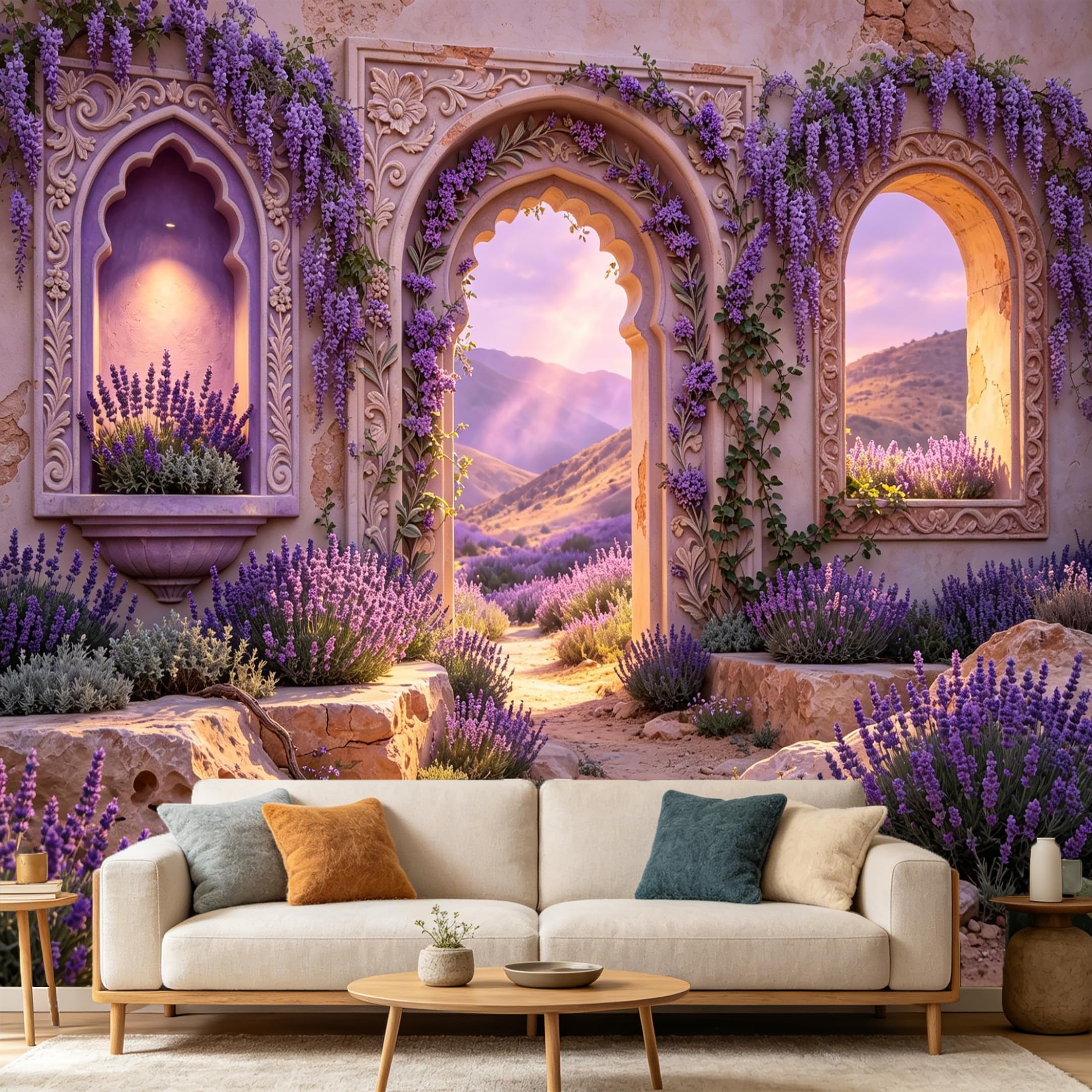 Custom Size Wall Mural， Mediterranean Lavender Field Tuscan Archway 3D Landscape， SelfAdhesive Art Prints wall Fabric Removable Large Wallpaper Home Living Room Decor