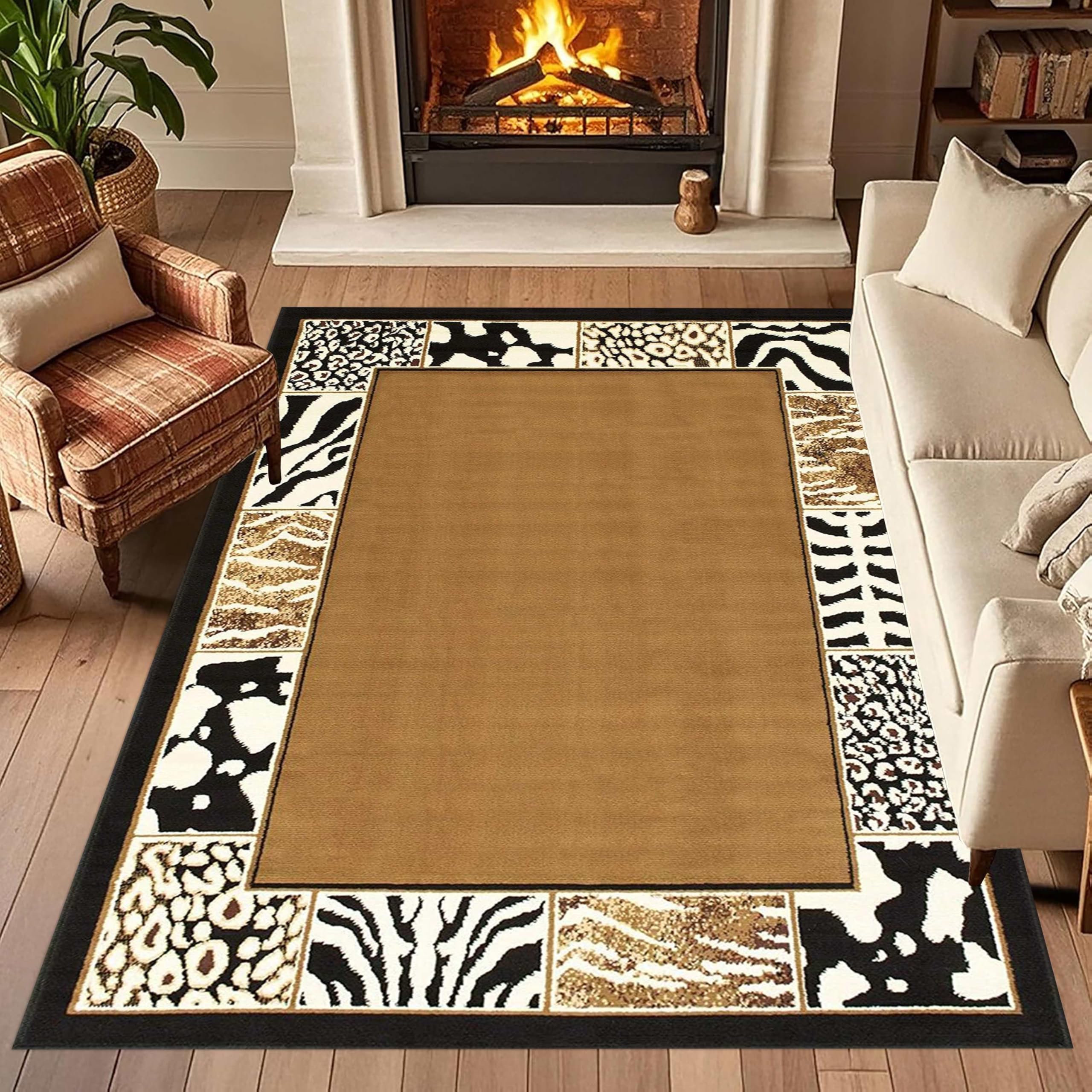 Houient Vintage Brown Area Rugs, 140x200cm, Faux Fur Animal Skin Leopard Tiger Patchwork Pattern Print Accent Rug, Cozy Soft Non-Shedding Stylish Carpets for Kitchen Dining Room Entrance