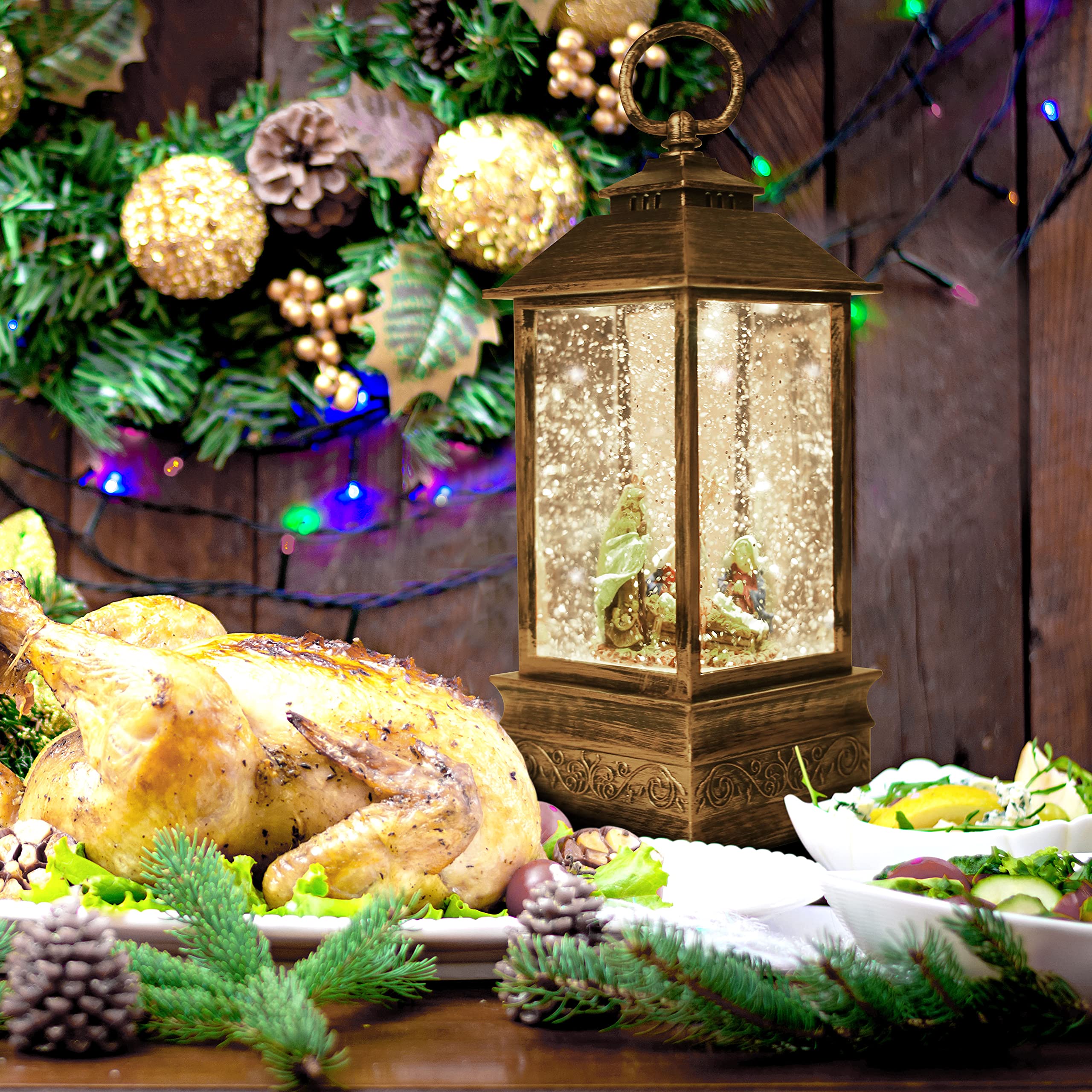 Belle Vous Weihnachtslaterne mit Schneegestöber - Schneekugel Lampe LED Szenerie Weihnachten 25 x 9 cm - Beleuchtete Schneekugel mit Wasser & Glitzer in Bronze als Weihnachtsdeko Tischdeko, Geschenk