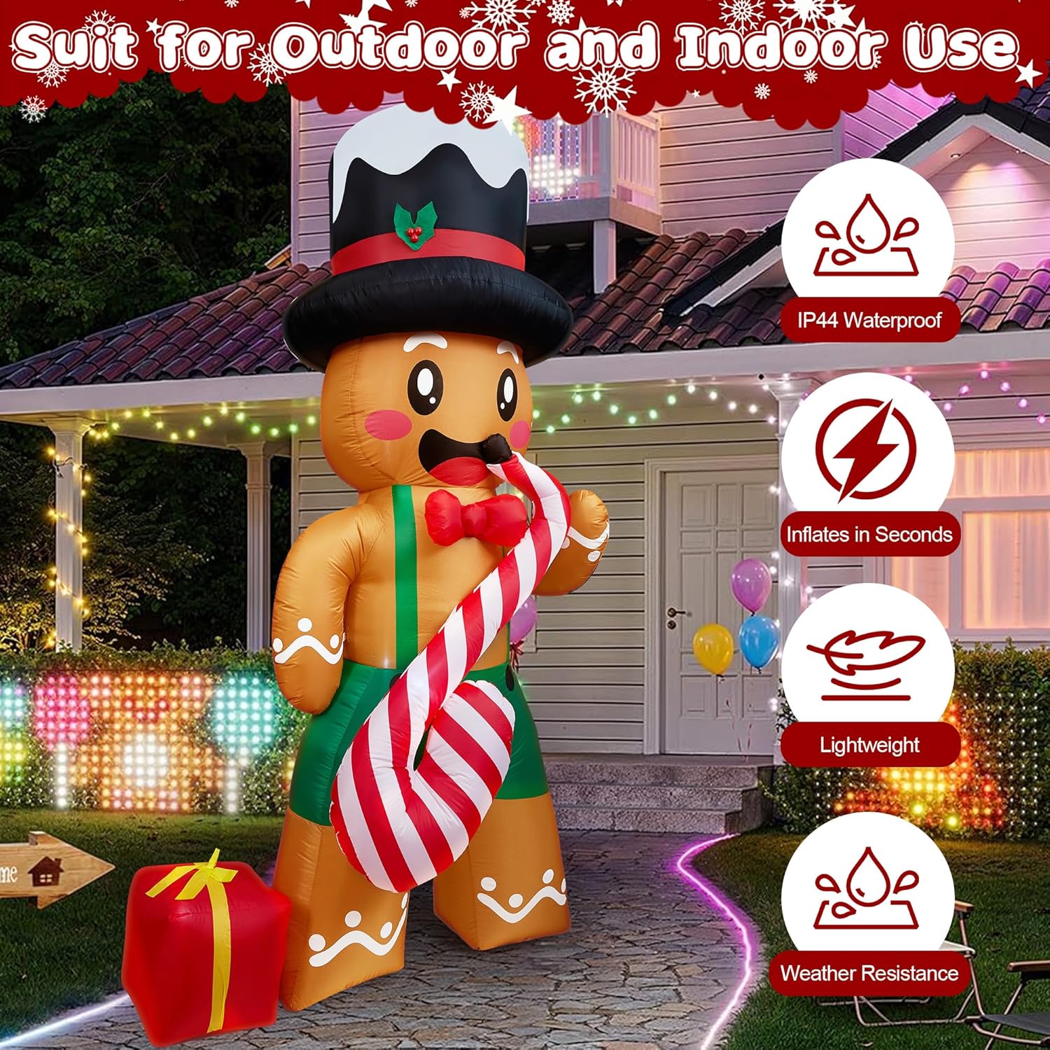 8 FT Christmas Inflatables Decorations with Built-in LEDs, Gingerbread Man Playing Candy Cane Saxophone Blow-Up Christmas Inflatable Yard Decoration with Gift Box for Outdoor Indoor Holiday Display