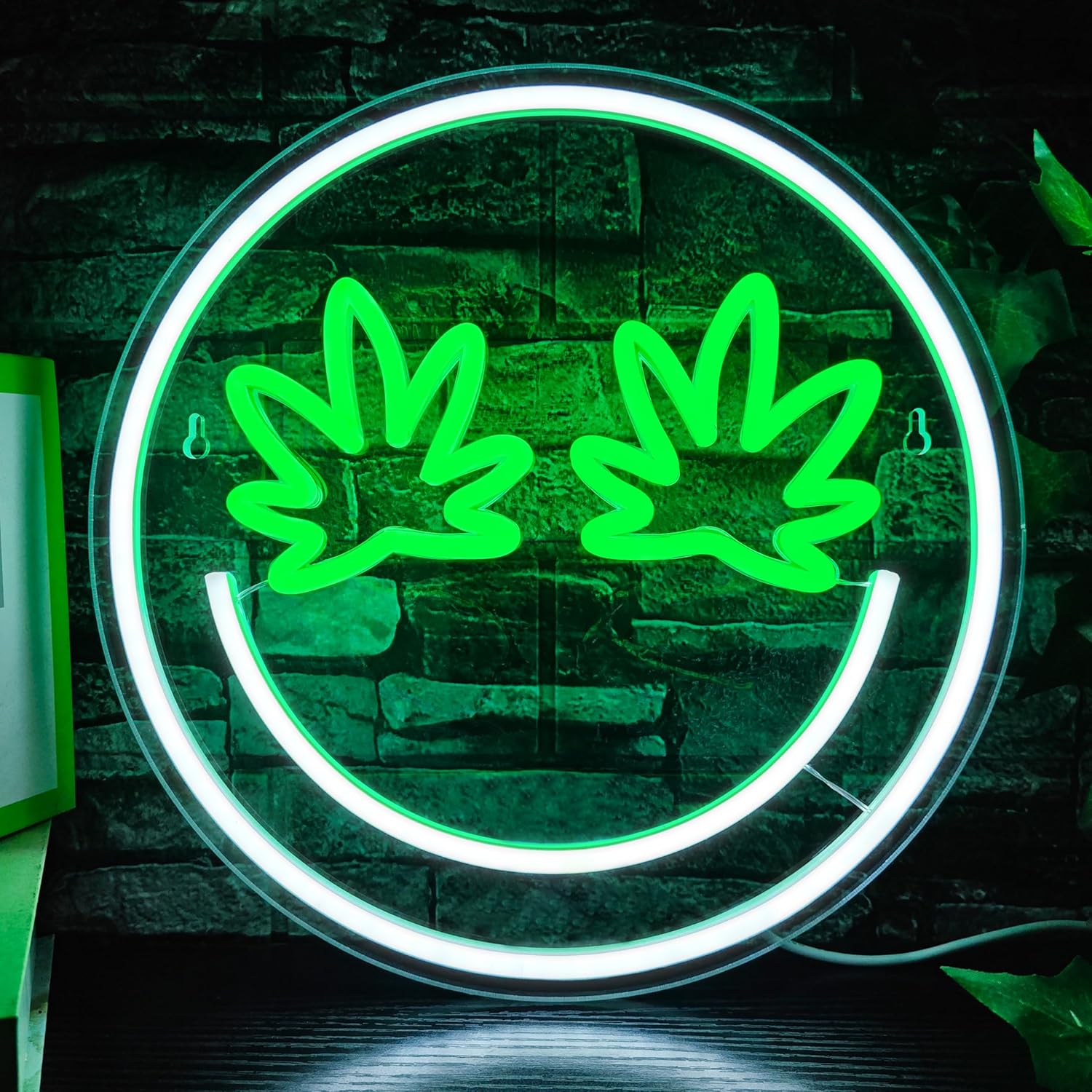 Green Leaf Eyes Neon Signs Smile Face LED Neon Lights Signs for Wall Decor,USB Powered Led Signs for Game Room Beer Bar Man Cave Club Pub Party Decor
