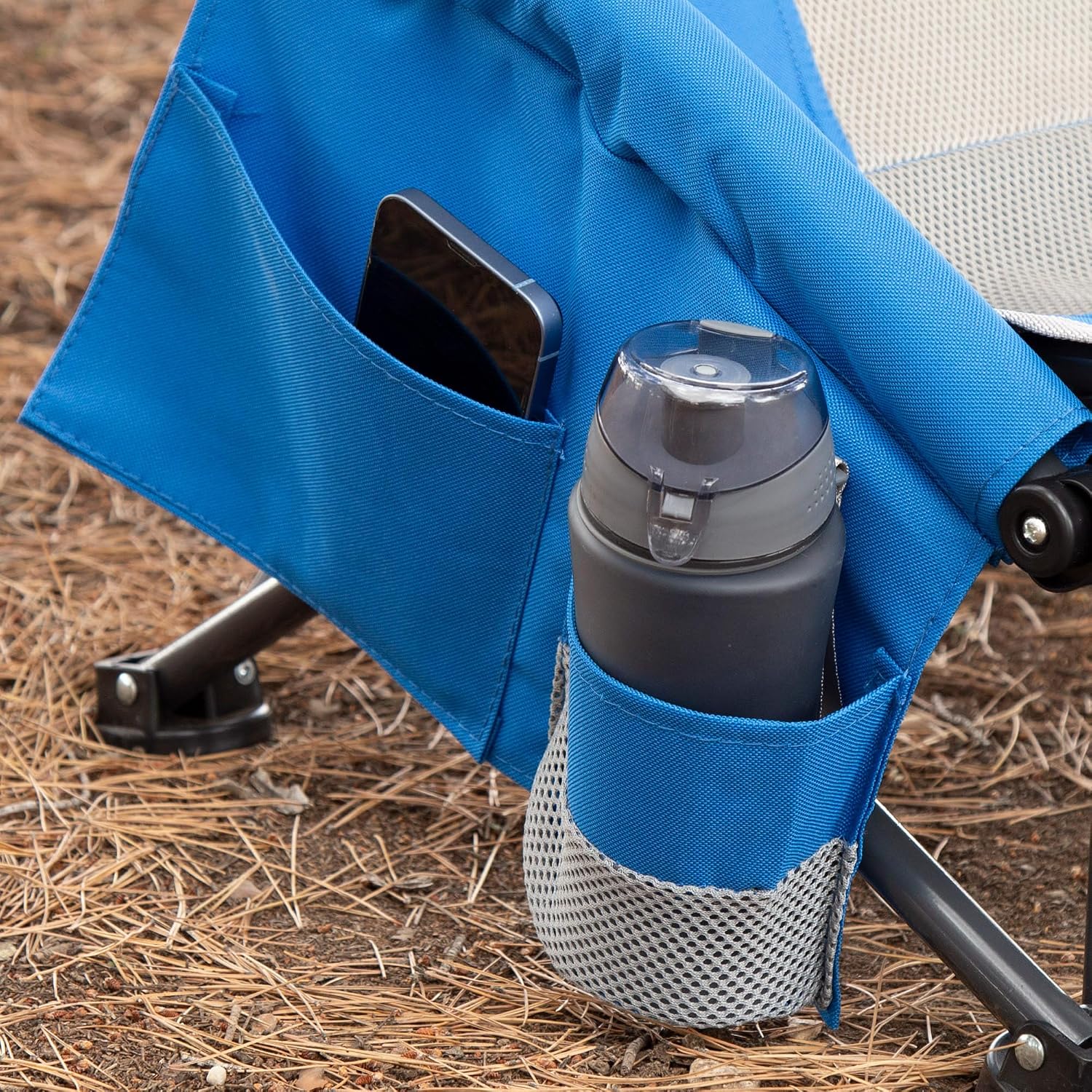 AKTIVE 63065 Folding Chair, 55 x 45 x 95 cm, Blue, Low Seat, High Backrest, Bag, Drink Holder, Tilt Protection, Maximum Load 110 kg, Steel Frame, Polyester Fabric, Shoulder Strap, Folding Chairs