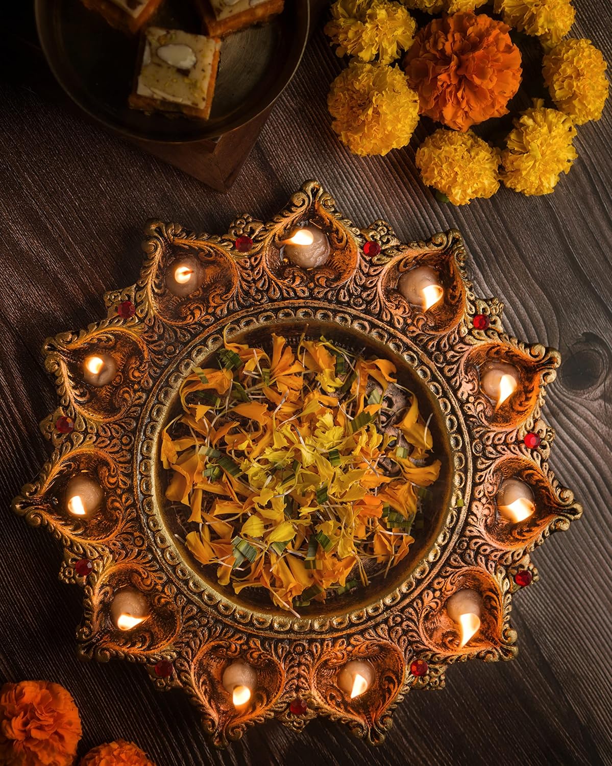 11 Diya PALTE Decorative Brass Diya Plate with Tea Light Holders, Antique Gold, Traditional Indian Design, Round Ornate Thali for Diwali Festival