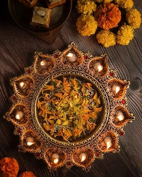 11 Diya PALTE Decorative Brass Diya Plate with Tea Light Holders, Antique Gold, Traditional Indian Design, Round Ornate Thali for Diwali Festival