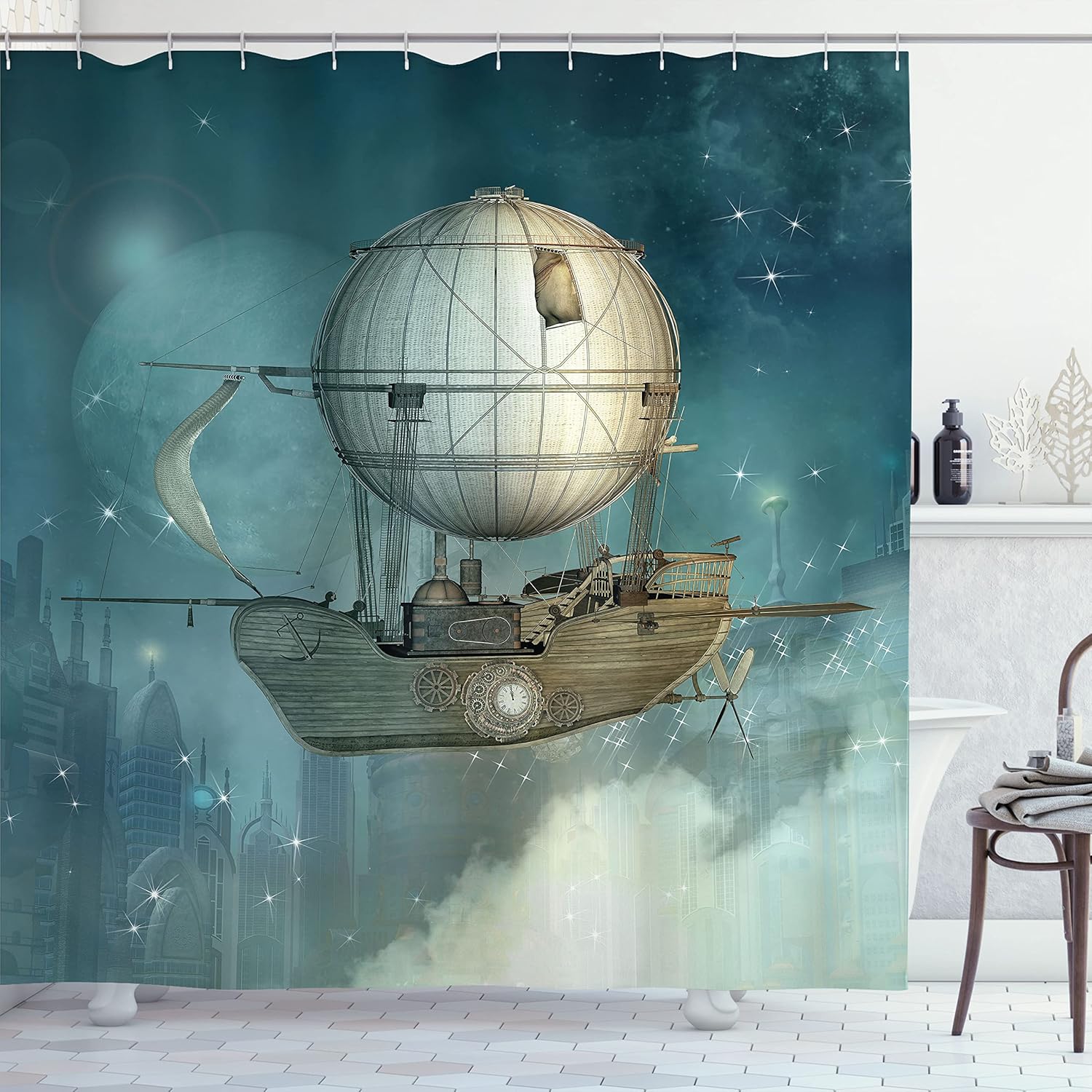 Ambesonne Steampunk Shower Curtain, Airship Flying Over a Futuristic Town Full of Skyscrapers, Cloth Fabric Bathroom Decor Set with Hooks, 69" W x 70" L, Petrol Blue and Tan