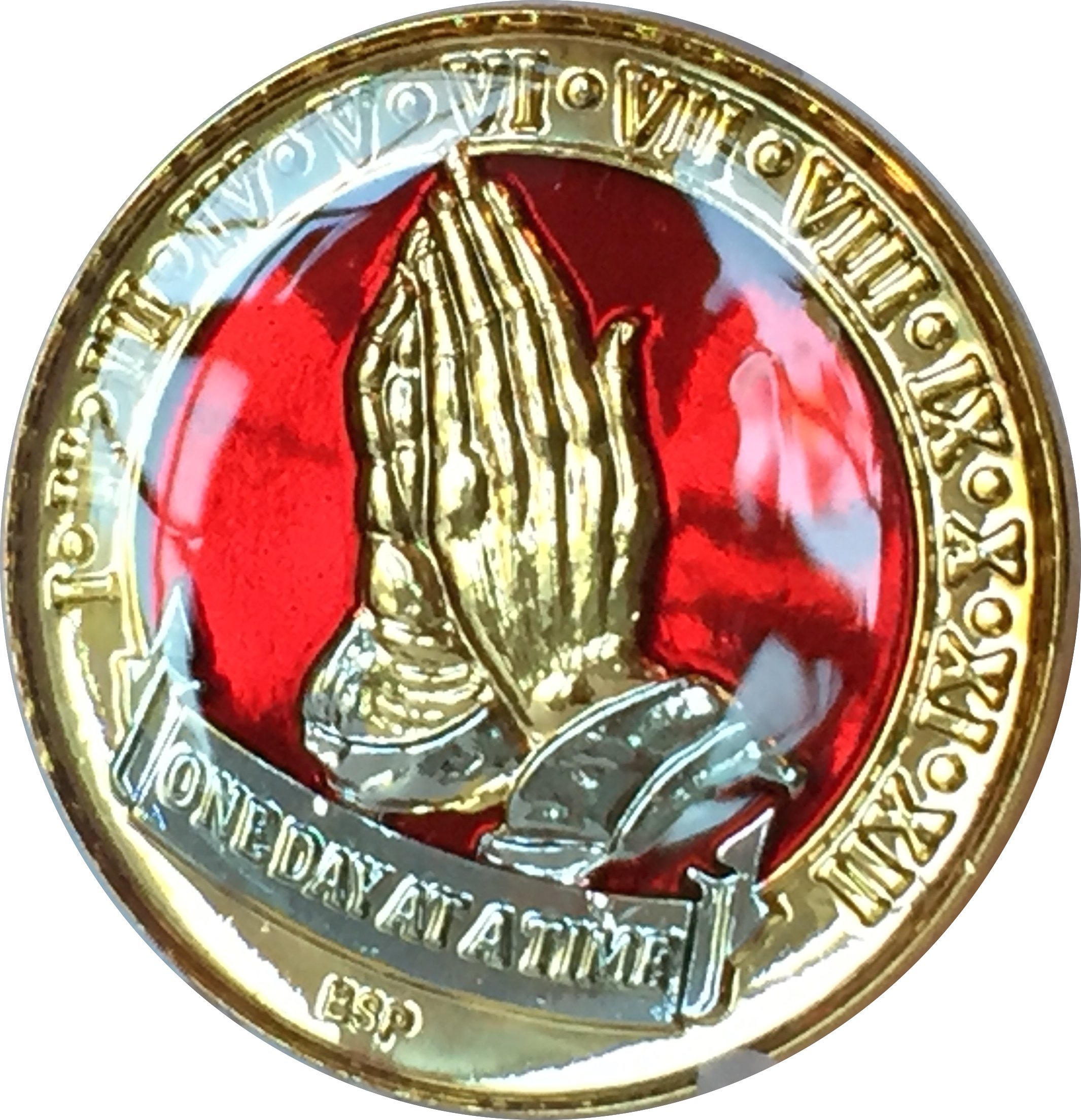 One Day at A Time Praying Hands Mandarin Red Gold Plated Nickel Tri-Plated AA Alcoholics Anonymous Medallion Sobriety Chip Years 1 2 3 4 5 6 7 8 9 10 11 12 Year 1-12