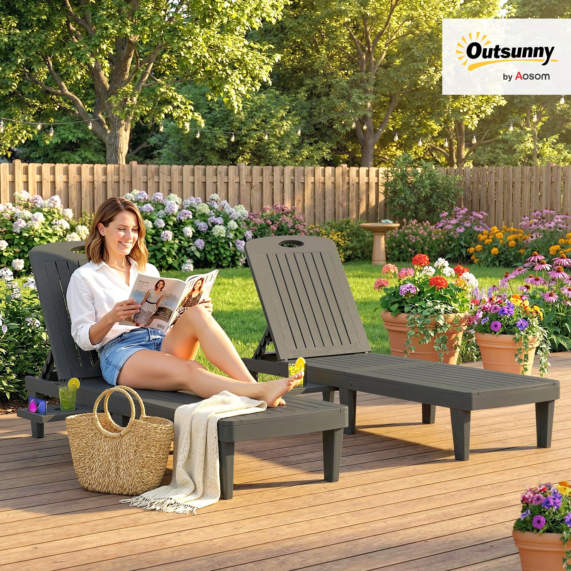 Outsunny Lot de 2 Chaises Longues de Jardin en PP avec Plateau Latéral Gris