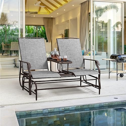 Miniatura 9 de Yaheetech Planeador para exteriores de 2 asientos con mesa central, sofá mecedor de dos plazas con malla transpirable y marco de metal resistente