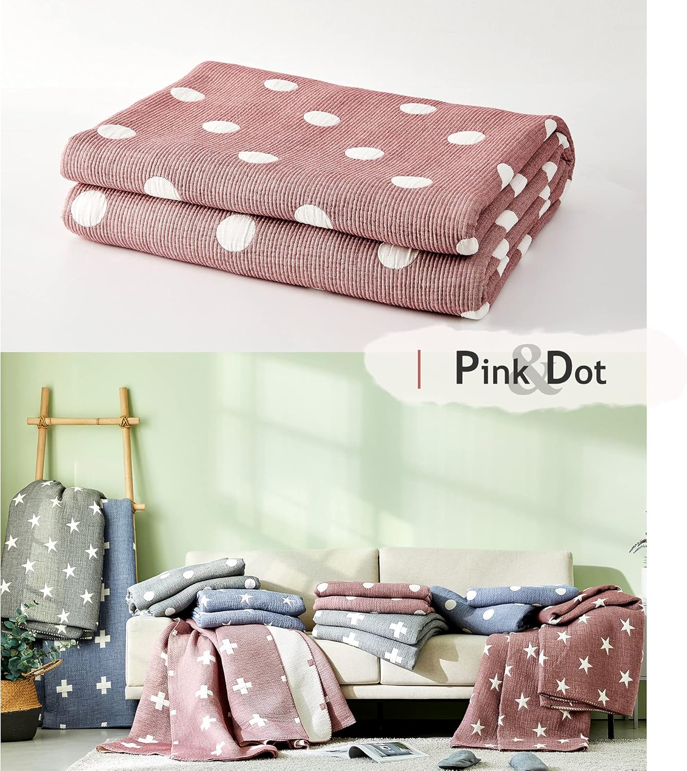 MHD l [Made in Korea] Triple Layer Modal Blanket :Breathable Absorb Body Heat Cooling Blanket for Bed, Quilt & Sofa Cover l King Size (86" x 108"), Pink & Dot l [Made in Korea]