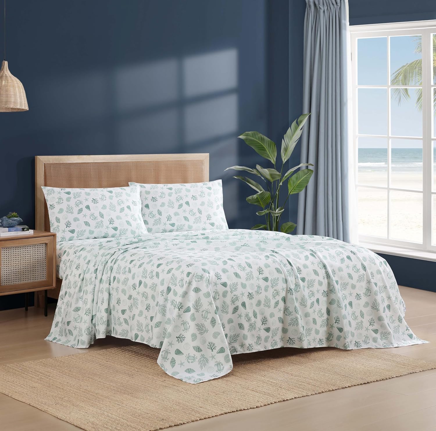 Caribbean Joe Coastal Print Microfiber Sheet Set, Soft, Comfy, 12" Deep Pockets, Queen, Beachy Cove