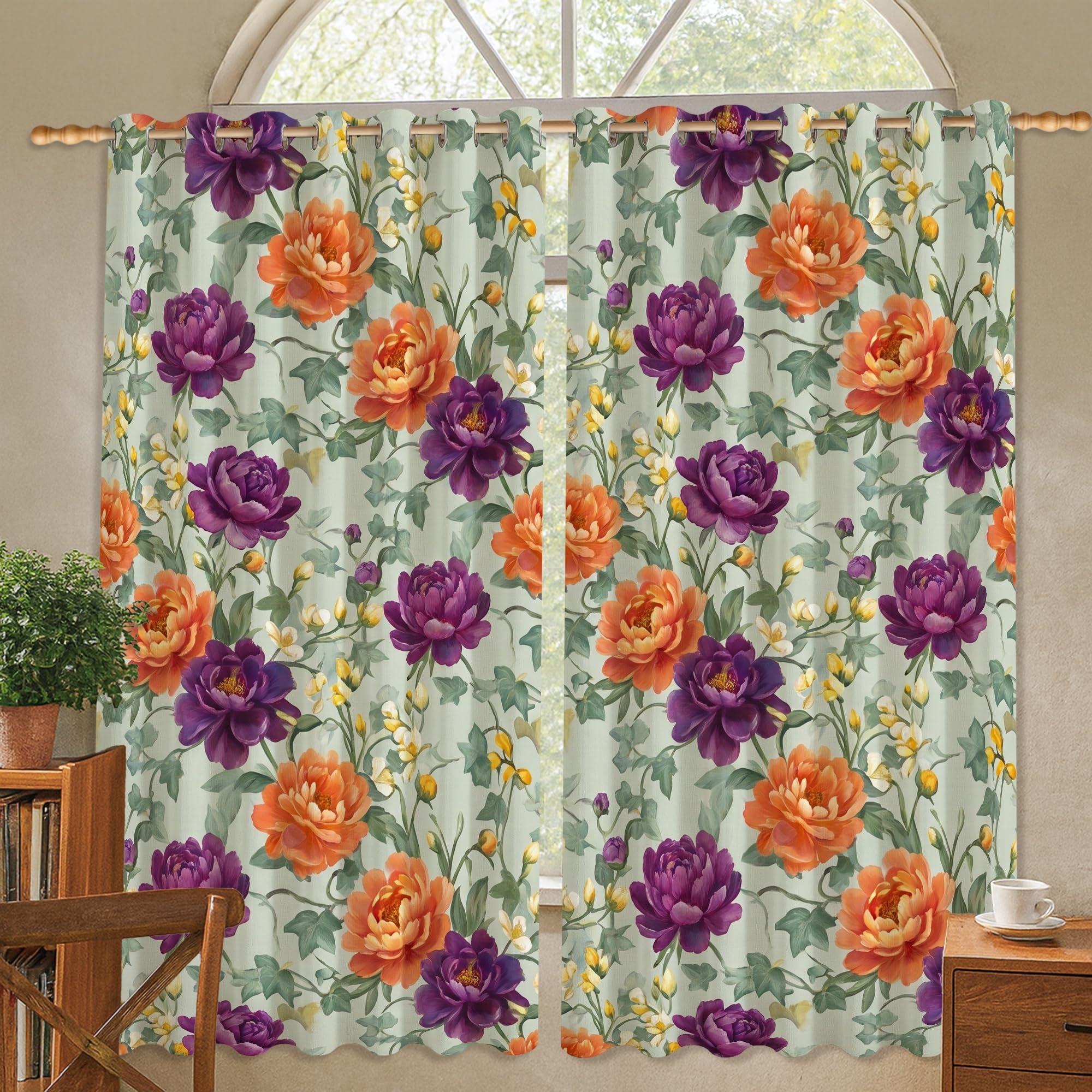 Rideaux occultants infroissables motif pivoine pour chambre à coucher
