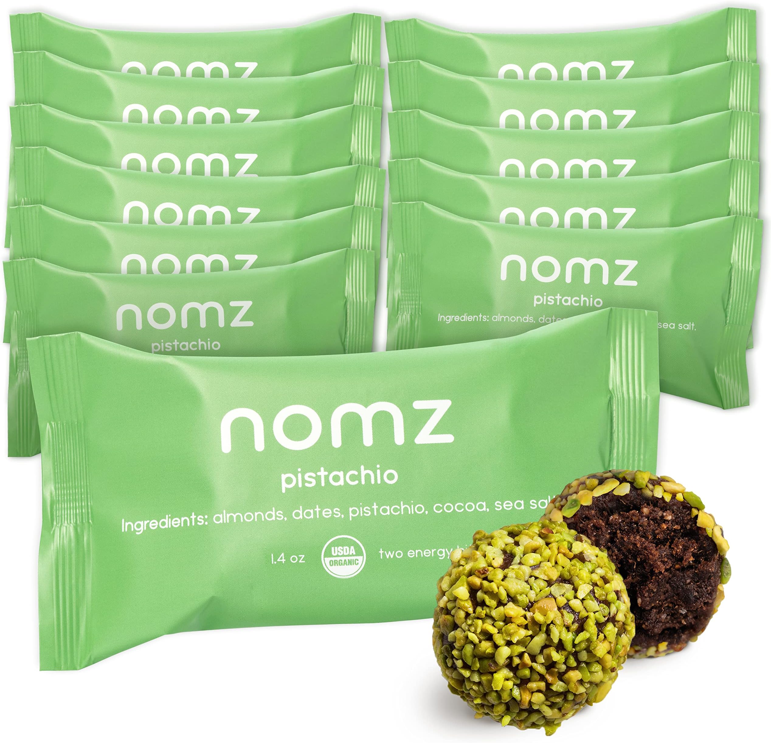 nomzPistachio Energy Bites, Delicious & Healthy, Vegan-Friendly, Paleo, Great Source of Nutrients, Non-GMO, Gluten-Free, 12-Pack