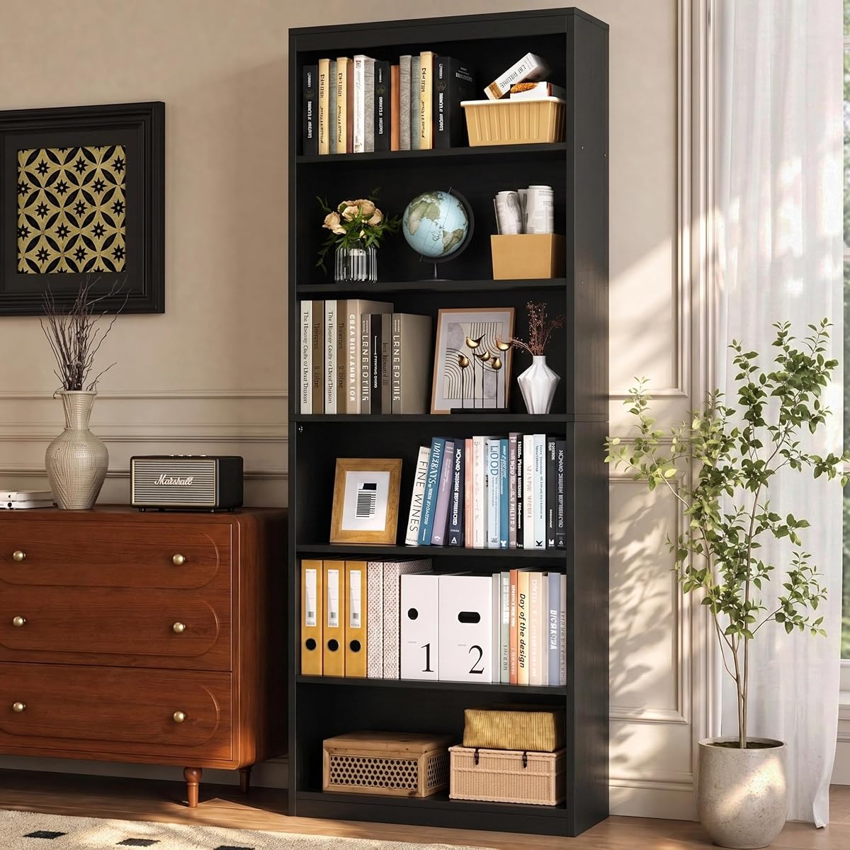 Tall Open Bookshelf, 6-Tier Wood Bookcase Storage Unit for Living Room Home Office, Black