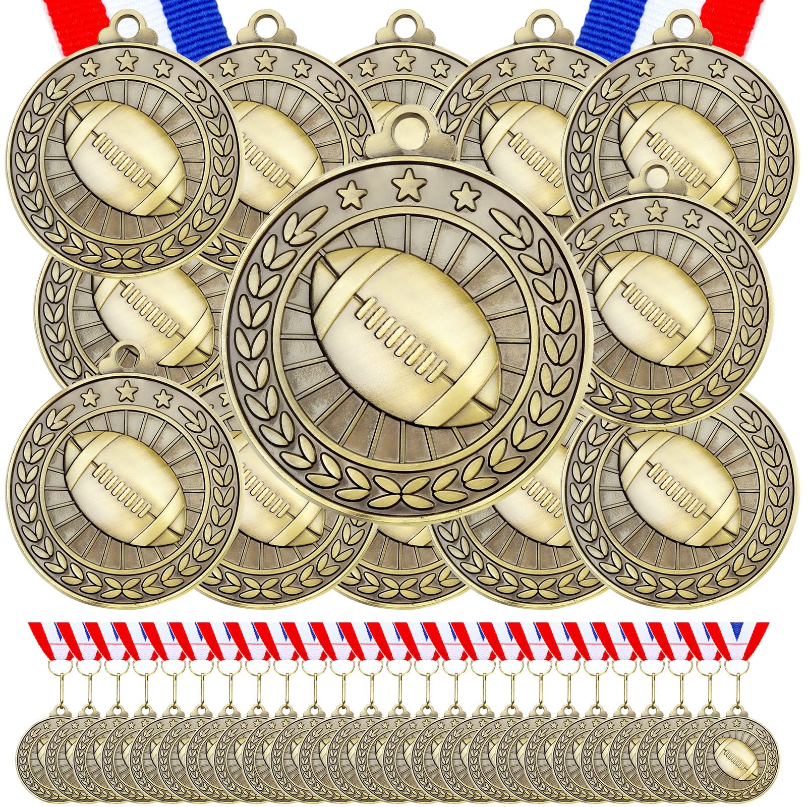Remuuly 60 Pcs Gold Award Medals 2 Inch Soccer Baseball Volleyball Football Cheer Trophy Medals Metal Awards Bulk with Neck Ribbons Trophy Prize Gifts