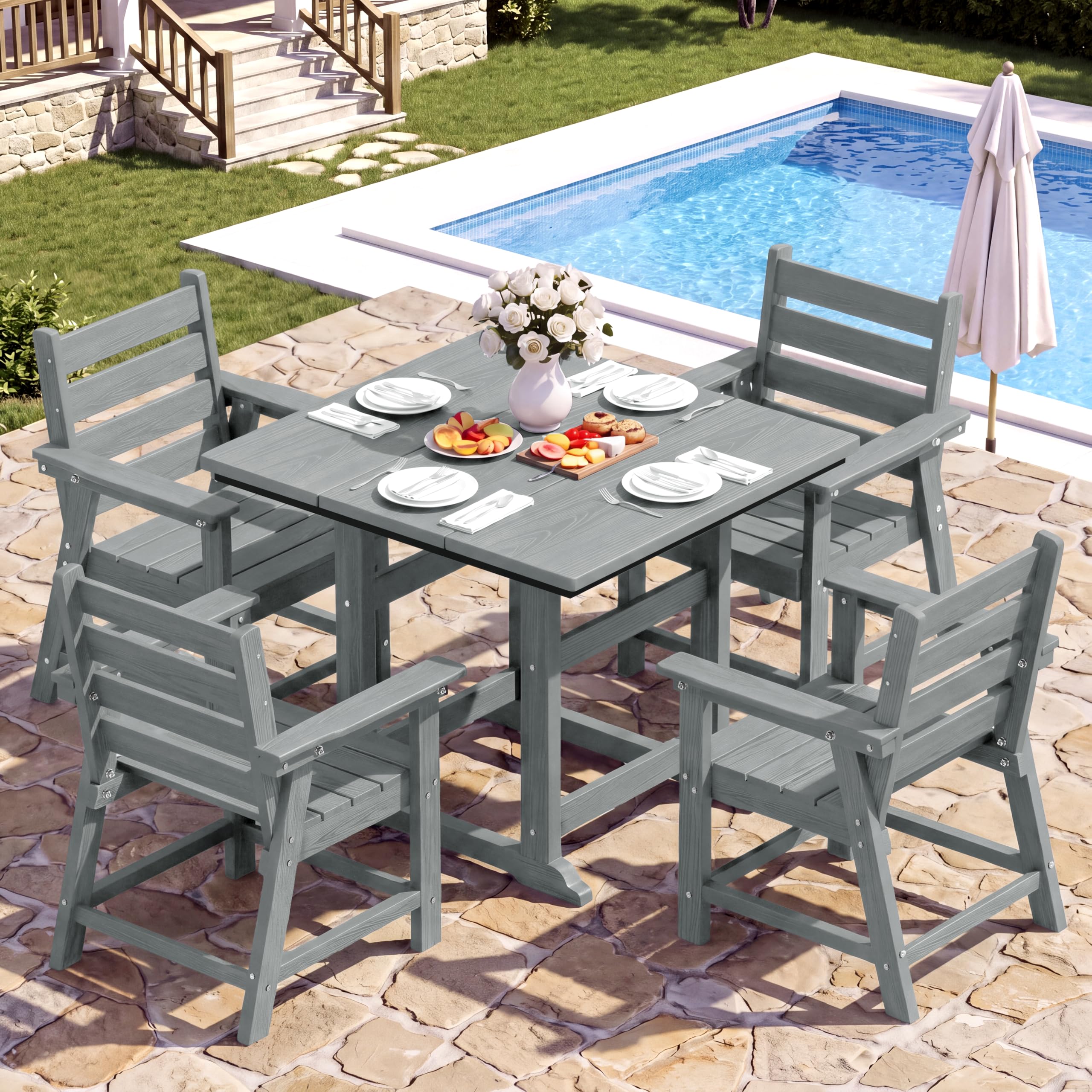 HDPE Outdoor Dining Set, Patio Dining Set of 5, Gray