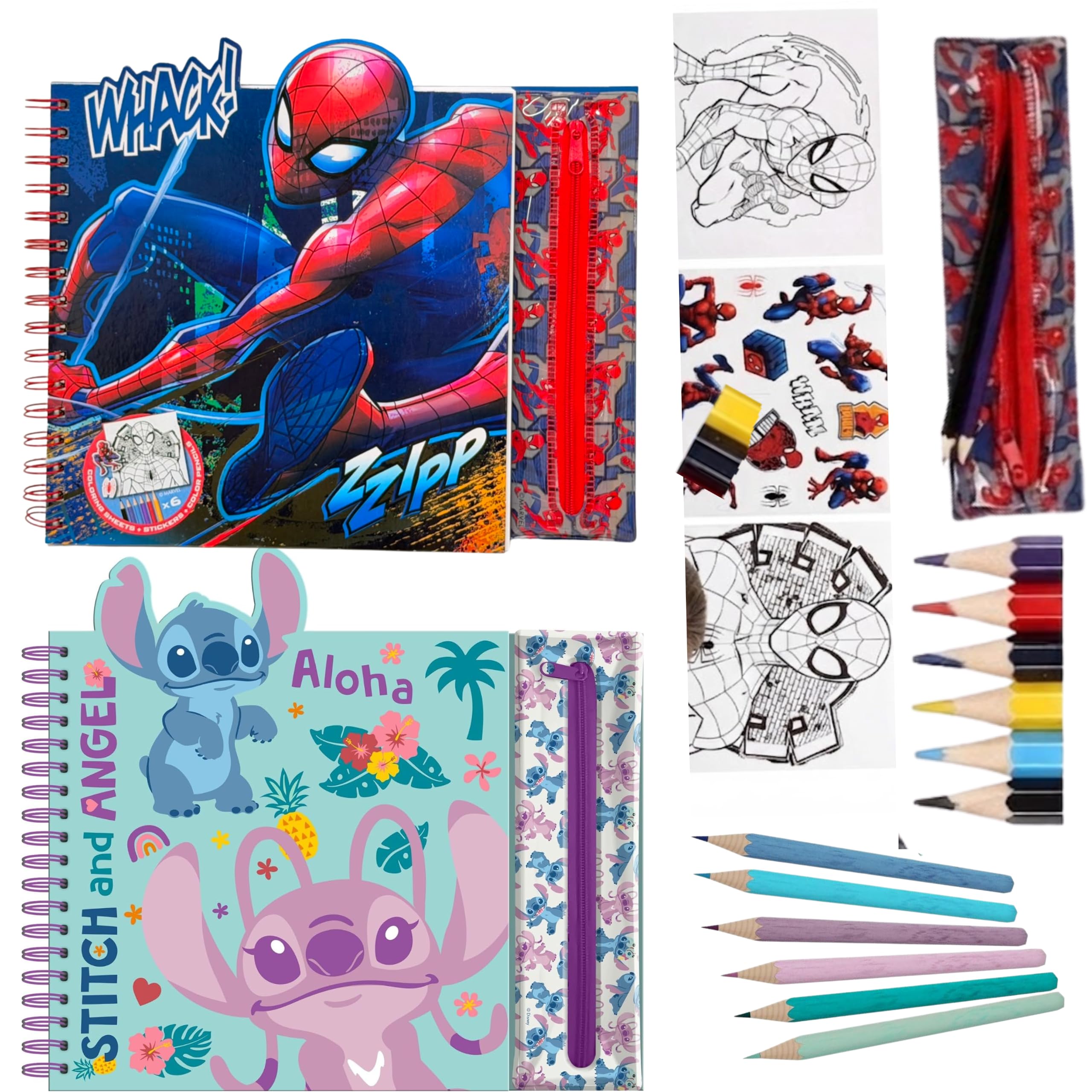 Marvel Spider-Man & Disney Stitch Angel Colouring Set Bundle, 2 x Spiral Notebooks, Removable Pencil Cases, 12 Coloured Pencils, Colouring Pages & Stickers, Kids Art Activity Gift โ 24cm โ image 1