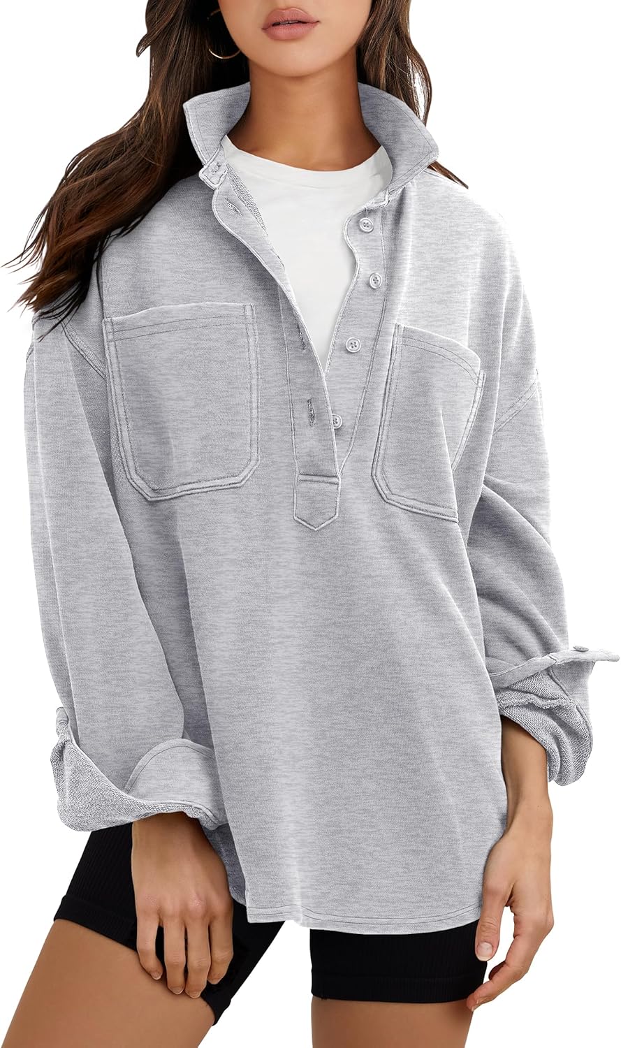 ANRABESS Sweatshirt for Women Oversized Casual Long Sleeve Side Slit Button Lapel Polo Pullover Tunic Tops 2025 Fall Outfits