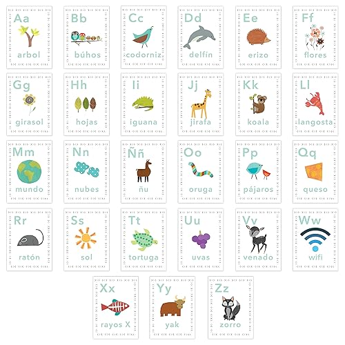 Tarjetas de pared del alfabeto español de 5 x 7 pulgadas, nuestro mundo, temática de la naturaleza, arte de pared para niños, decoración de