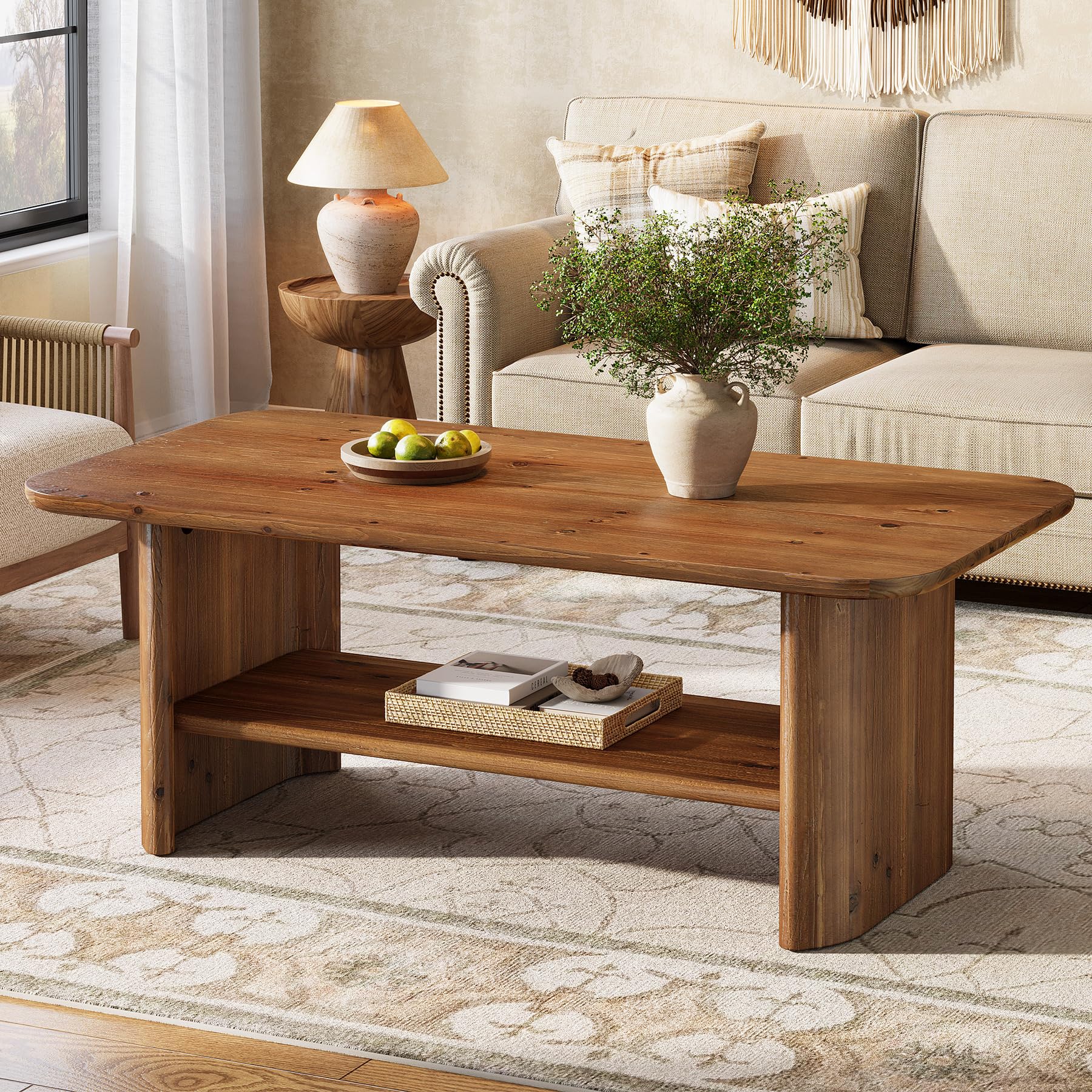 Mesa de Centro de Madera Maciza, Mesa de Centro Rectangular de 120 cm con Espacio de Almacenamiento, Mesita Auxiliar, Mesa de Té para Salón Oficina, Marrón