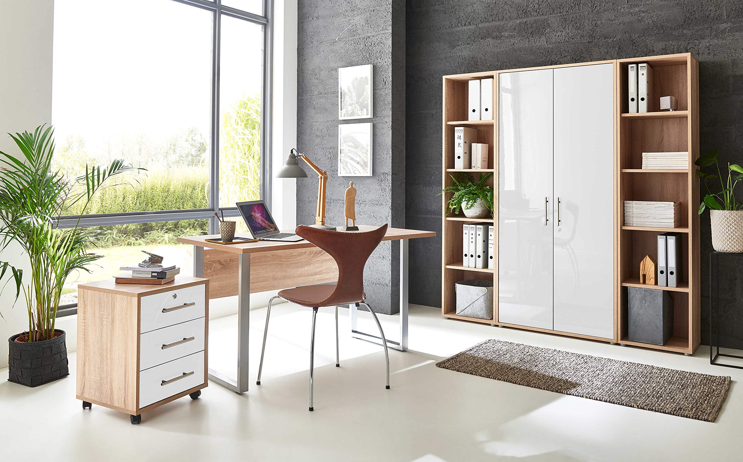 moebel-dich-auf Büromöbel Set Komplett TABOR 3 mit Schreibtisch, Rollcontainer, Aktenschränken & Regal – Büro Komplettlösung Korpus Eiche Sonoma Front weiß Hochglanz