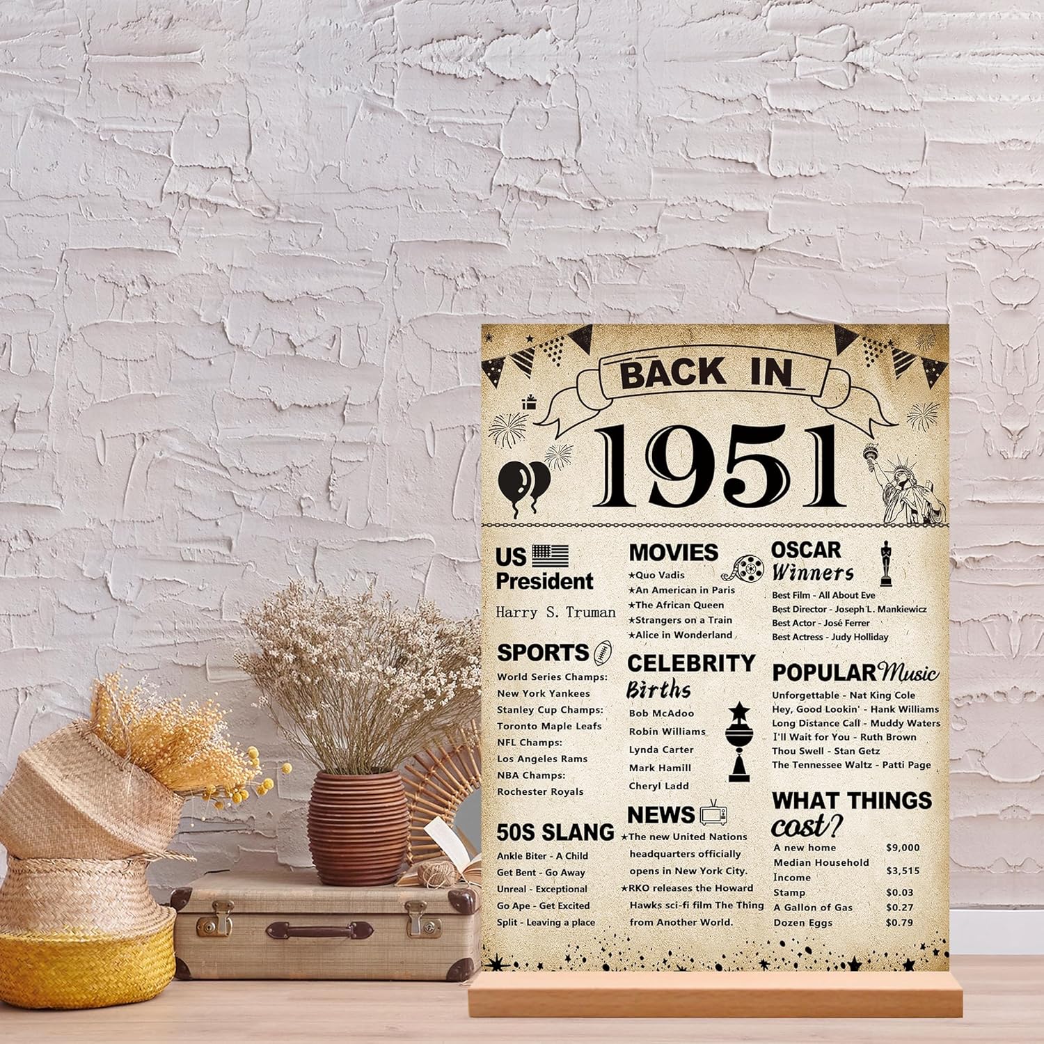DARUNAXY 75th Birthday Party Decorations, Vintage Back in 1951 Poster Acrylic Sign with Stand 75 Year Old Party Supplies for Men& Women Vintage 1951 Table Decor 75th Anniversary Class Reunion Gifts - Image 2
