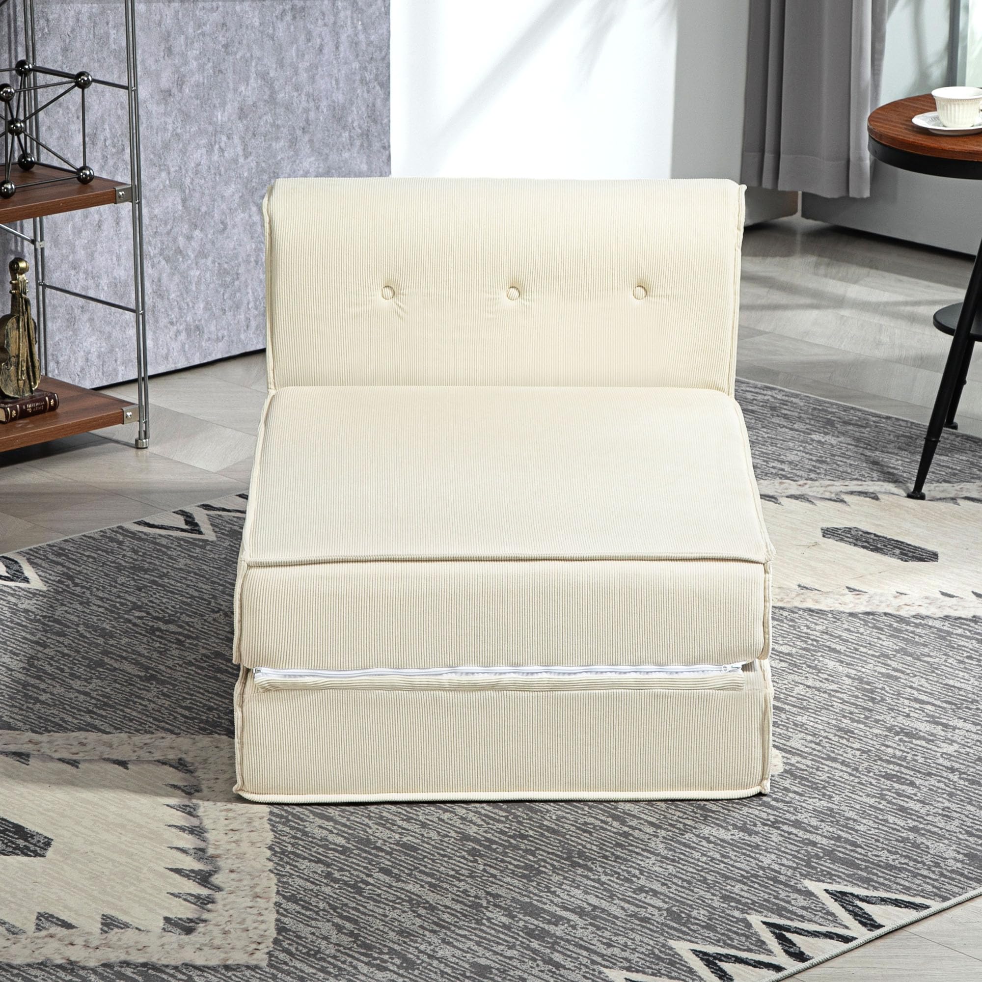 HOMCOM Fauteuil Convertible 1 Place Fauteuil Paresseux chauffeuse Une Place - Dossier capitonné, Matelas Pliable - pour invités, Salon, Charge 240 kg, Velours côtelé crème