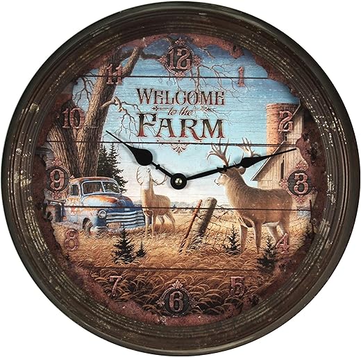Rivers Edge Products 15 Large Wall Clock - Decorative Analog Clock with Tin Frame - Distressed, Rustic Home Decor for Bedroom, Bathroom, Kitchen, Office, Cabin - Battery-Operated