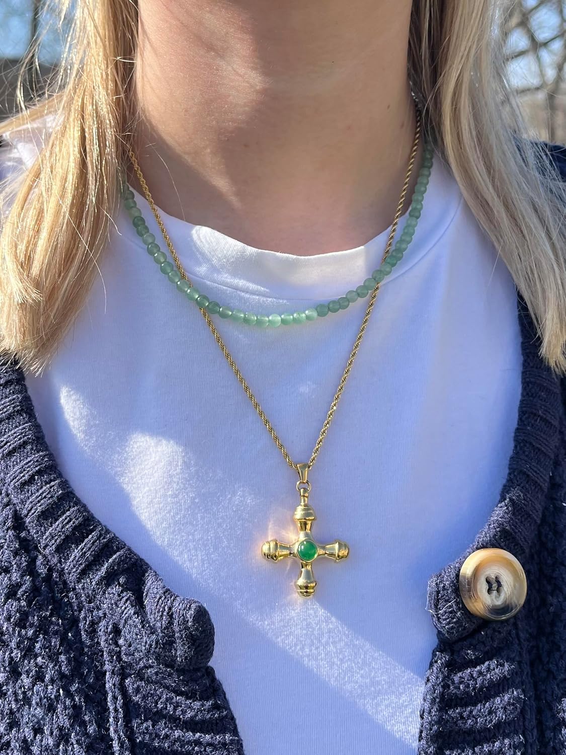 Pierced Owl 18k Gold Plated Stainless Steel Green Stone Center Cross Pendant Necklace - Image 2