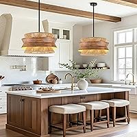 Vista 2 de Lámpara de araña de ratán tejida a mano de 19.7 pulgadas para comedor, 4 luces, estilo bohemio, estilo granja, ajustable, para cocina, isla, sala