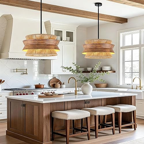 Miniatura 2 de Lámpara de araña de ratán tejida a mano de 19.7 pulgadas para comedor, 4 luces, estilo bohemio, estilo granja, ajustable, para cocina, isla, sala de