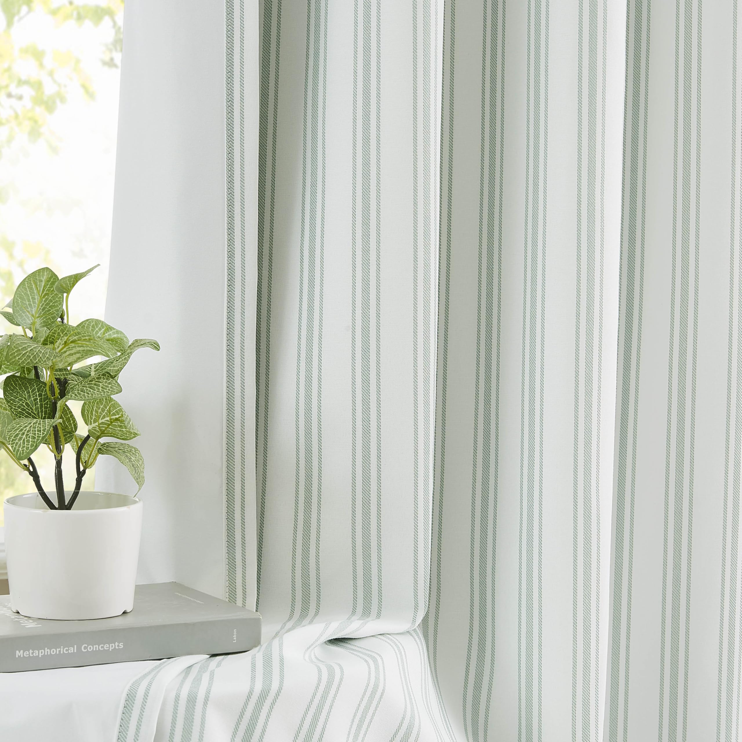 ZJDECOR Short Cotton Blend Green White Striped Blackout Curtains 63 Inch — image 1