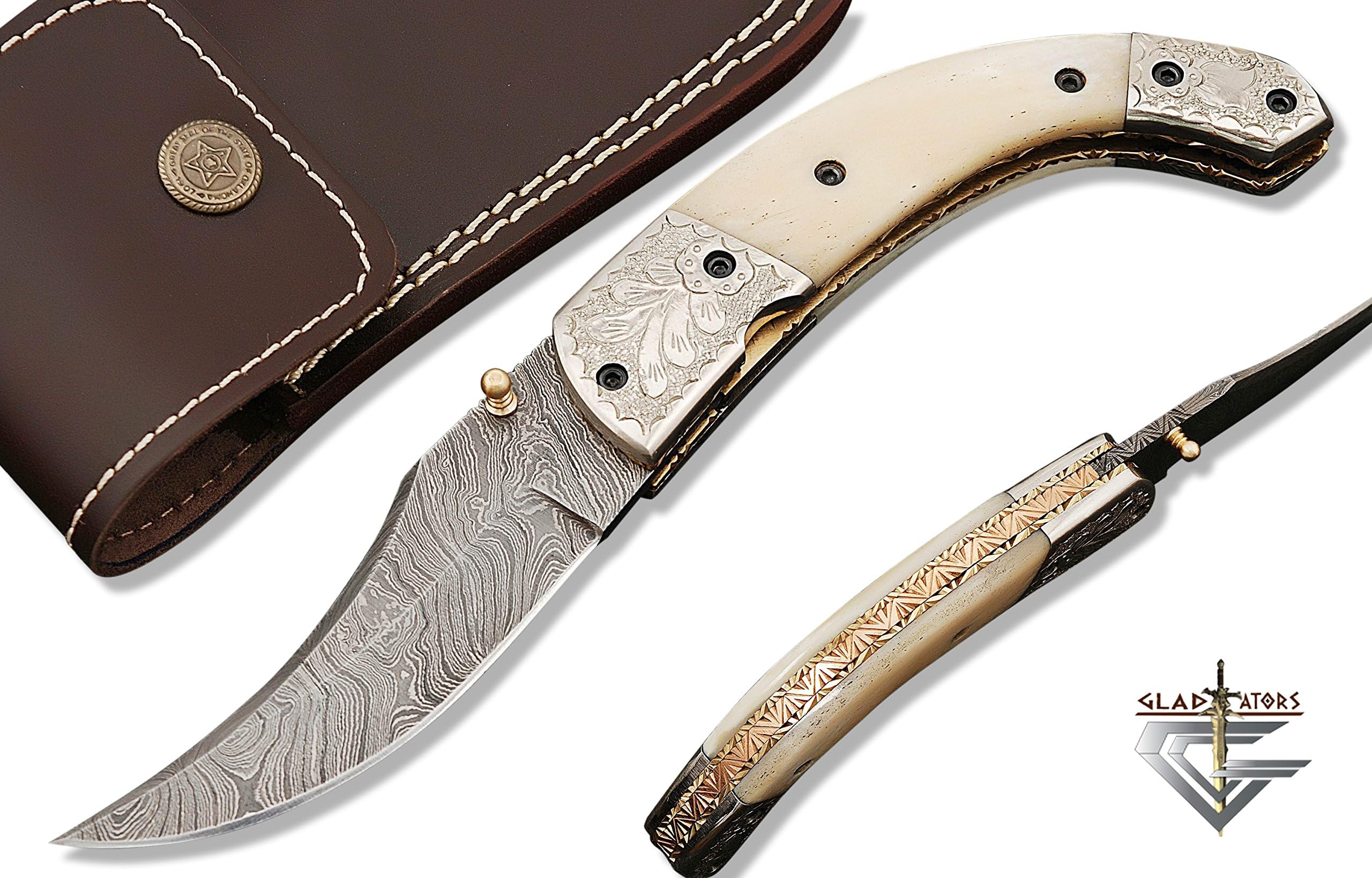 6012BW Engraved Custom Survival Pocket Knife - Handmade Damascus Steel Tactical Folding Pocket Knife with Sheath (White)