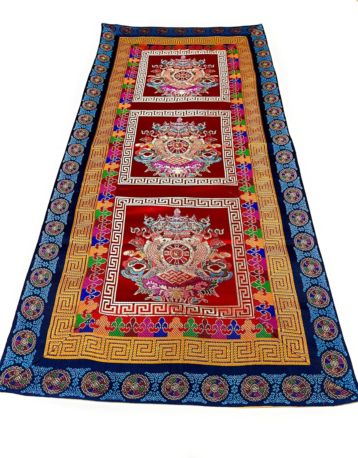 Tibetan Buddhist Handmade Silk Brocade Auspicious Symbol Table Runner/Altar Cloth/Shrine Cover/Table Cover/Handmade in Nepal/red