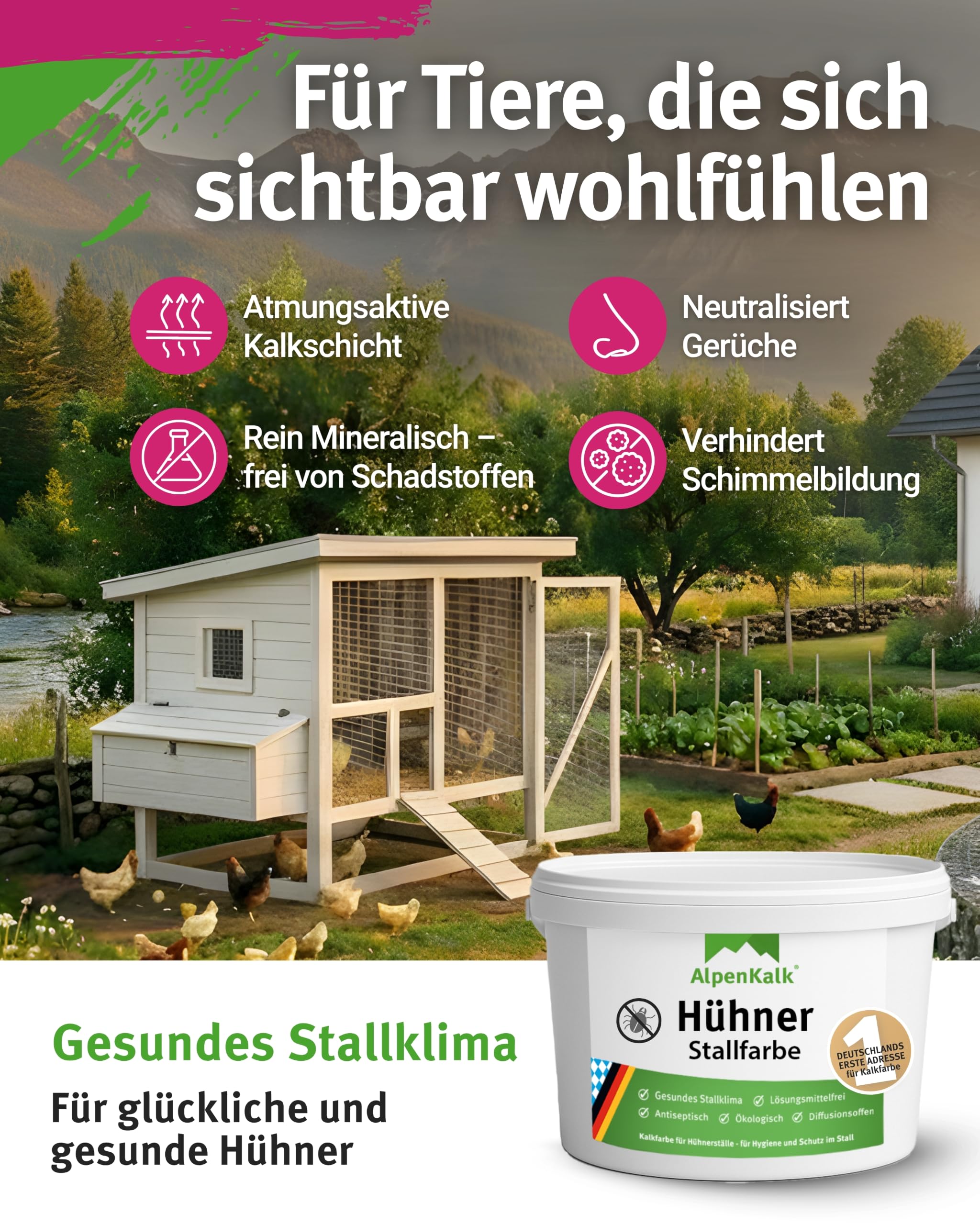 Kalkfarbe Hühnerstall I 5 kg für ca. 30 m² I Antibakterielle Stallfarbe gegen Milben & Schimmel I 100% natürlich & chemiefrei I Atmungsaktiv für ein gesundes Stallklima