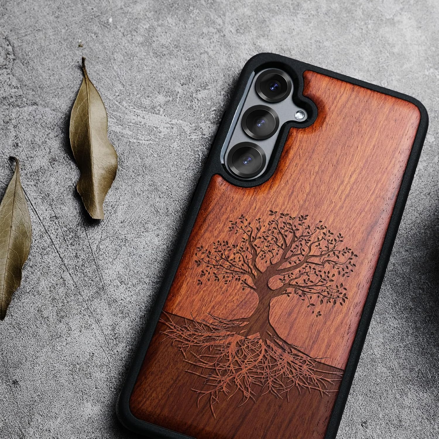Carveit Magnetic Wooden Case for Samsung Galaxy S25 Case 2025, TPU Shockproof Cover & Wood Artisan Engraved, Compatible with MagSafe Wireless Chargers (The Yin Yang Tree) Rosy