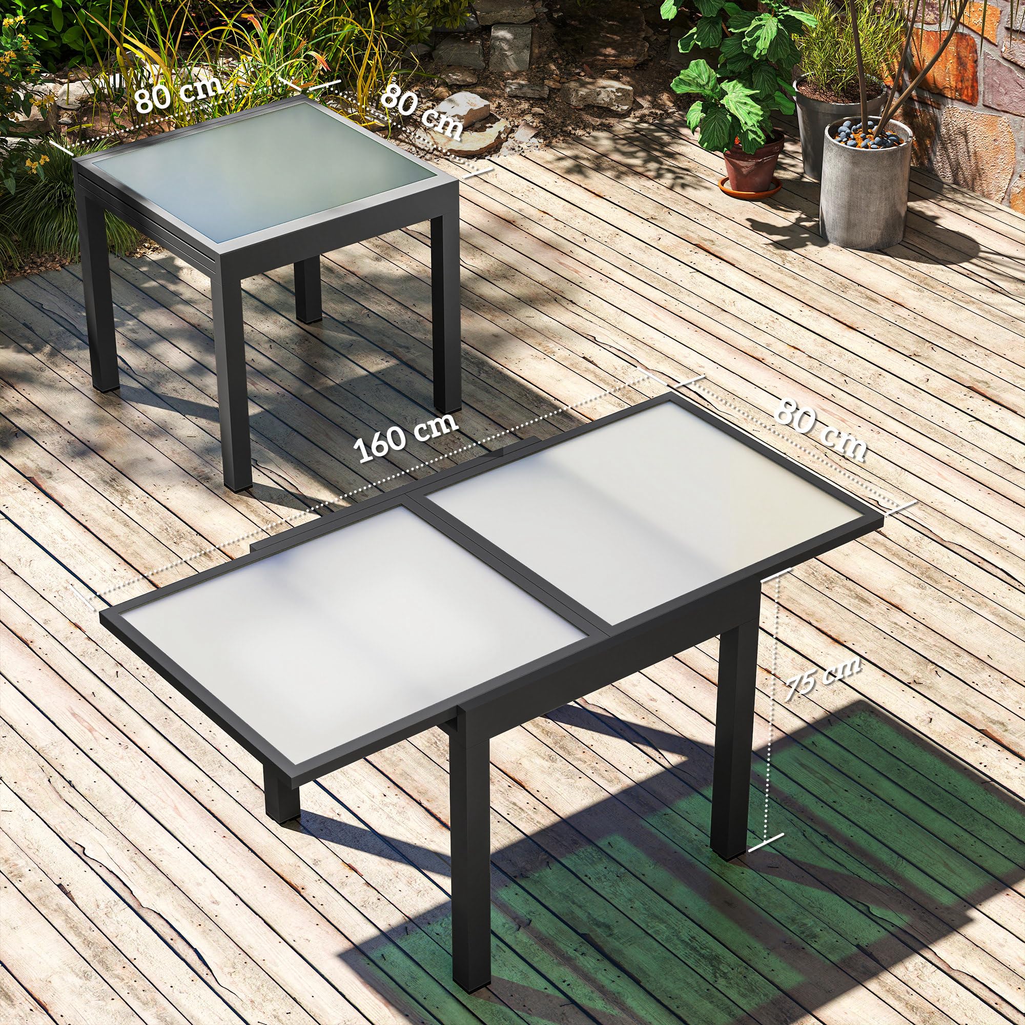 Outsunny Gartentisch, Balkontisch mit Klappbarer Tischplatte, Terrassentisch mit Glas Tischplatte, Esstisch für Garten, 160 x 80 x 75 cm Transparent