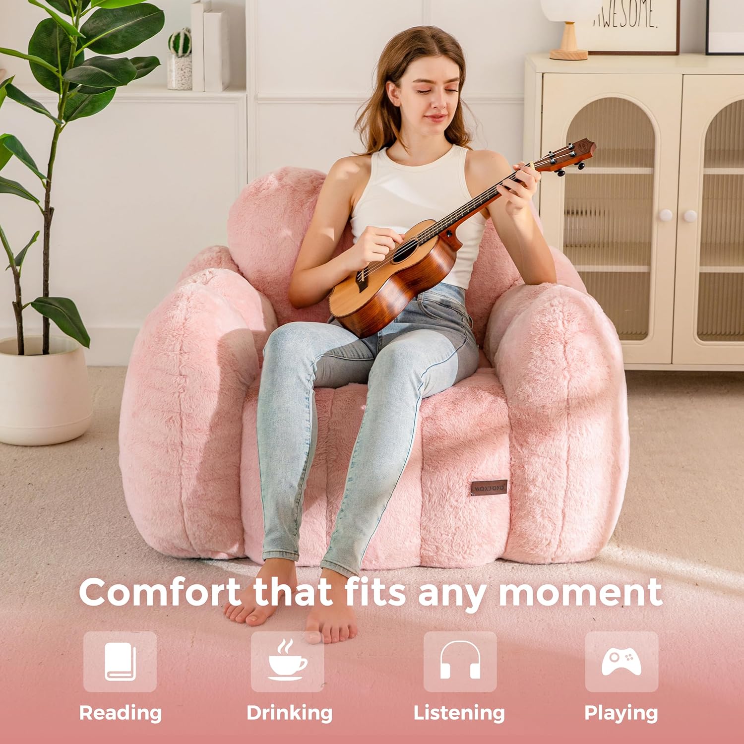 MAXYOYO Bean Bag Chair, Cloud Shaped Bean Bag Sofa for Adults, Soft Stuffed Lazy Floor Sofa with Supportive Filling, Comfy Single Couch for Living Room, Bedroom, Apartment, Pink - Image 3