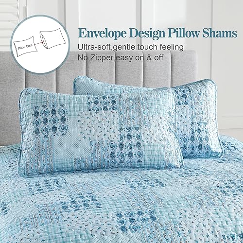 Miniatura 6 de Juego de edredón de color aguamarina, tamaño King, diseño bohemio, floral, reversible, de microfibra, suave, para jardín, para todas las estaciones