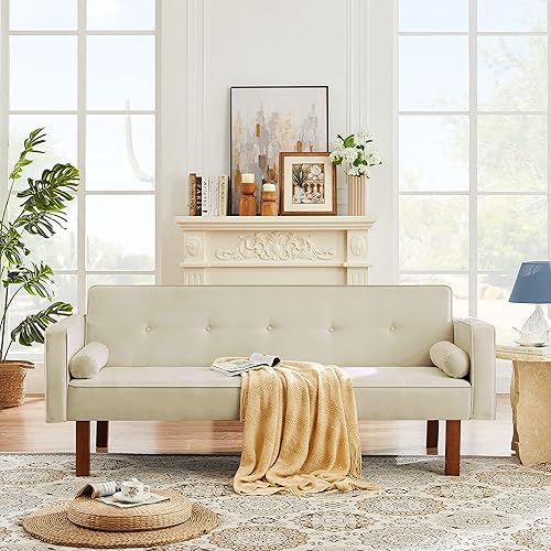 Sofá cama de tela moderna, sofá cama convertible con 2 almohadas y reposabrazos, sofá reclinable plegable de 75 pulgadas con patas de madera maciza