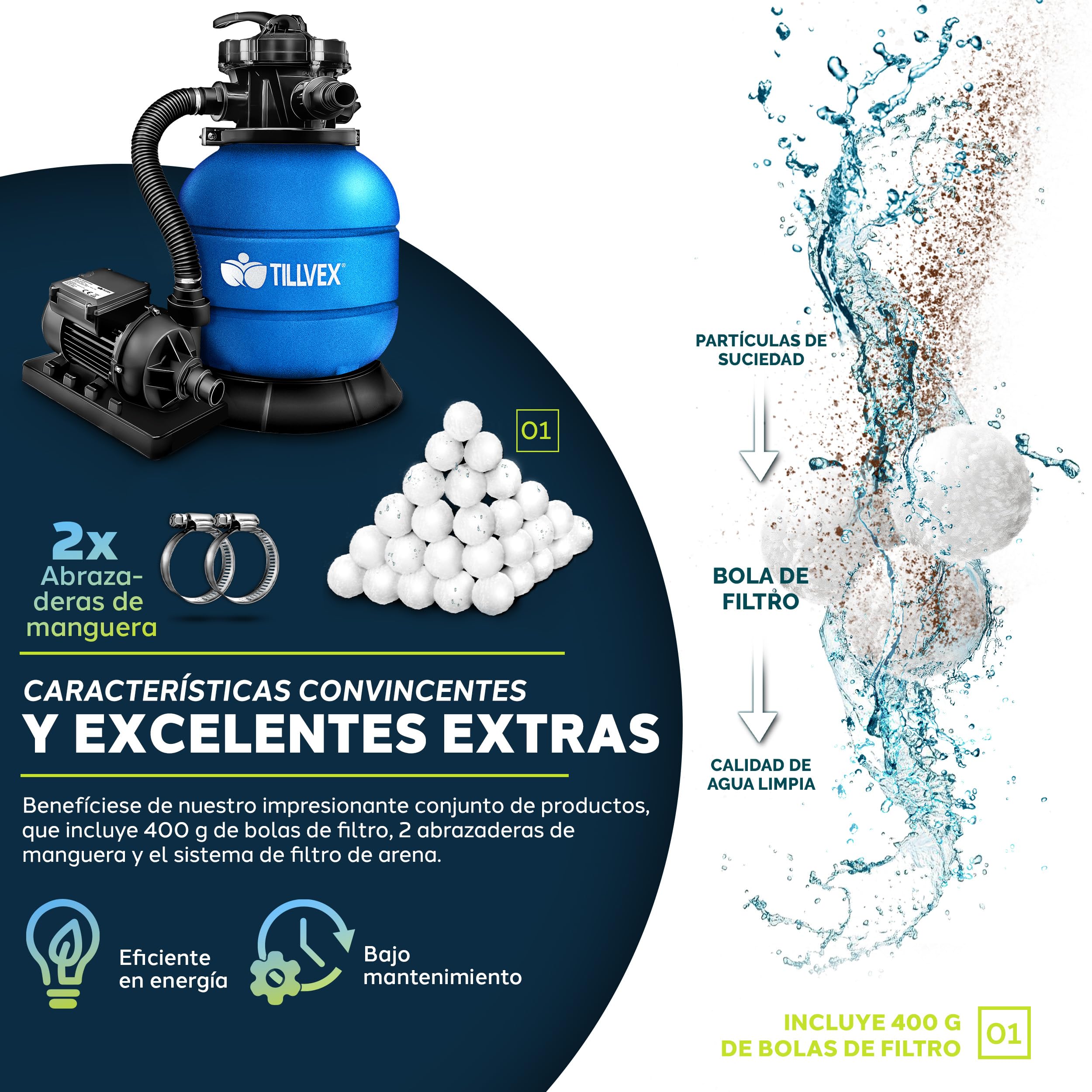 tillvex Depuradora de Agua para Piscina 7.900L/h + 400g Bolas de Filtro | 7 Funciones de Filtrado & Adaptador Ø32-38mm | Filtro de piscina con indicador de presión (Azul)