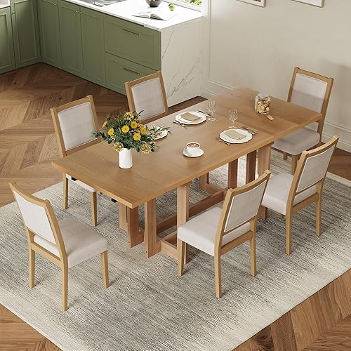 Miniatura 22 de Juego de mesa de comedor de 6 piezas, mesa de comedor de madera y 4 sillas y banco tapizados con esquinas lisas, juego de comedor para 6 personas