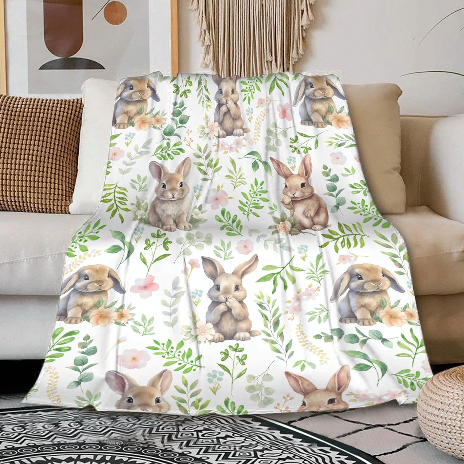 Cute Rabbit Floral Blanket for Toddler Kids/Child - Bunny Decor for Couch, Bed, Outdoor - 40"x50"