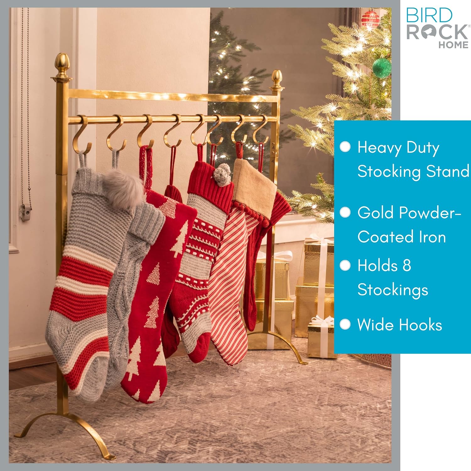 BIRDROCK HOME 8 Hook Christmas Stocking Holder Stand for Floor | Gold | Heavy Duty Freestanding Rack | Iron Metal with Sturdy Base: 41” Long x 35” Height x 11” Wide | Holiday Decor Hanger | Modern