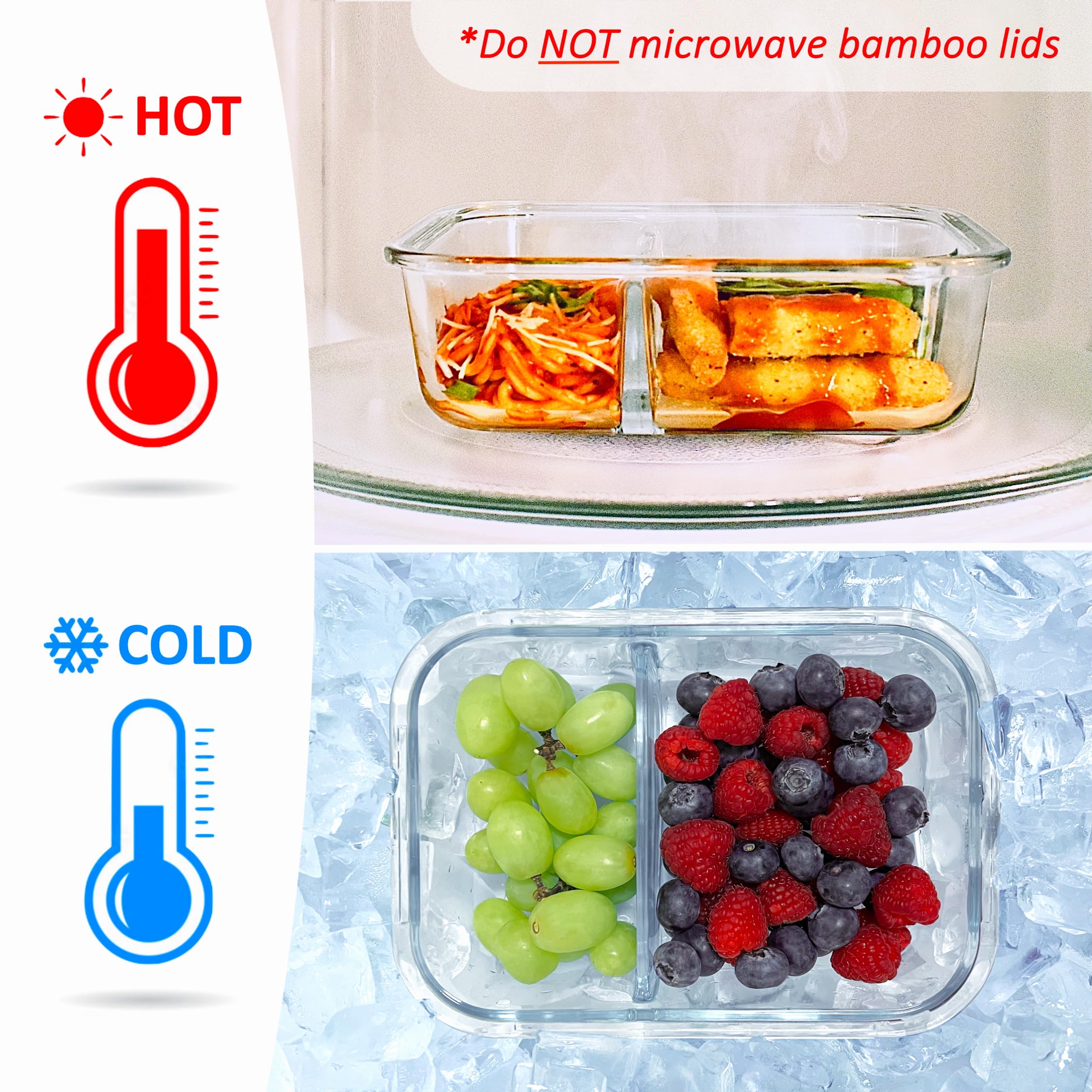 EcoPreps Szklane pojemniki do przygotowywania posiłków z bambusowymi pokrywkami, 2 przegródki szklane pojemniki Bento Box [3 sztuki] 100% bez plastiku, ekologiczne, szklane pojemniki do przechowywania