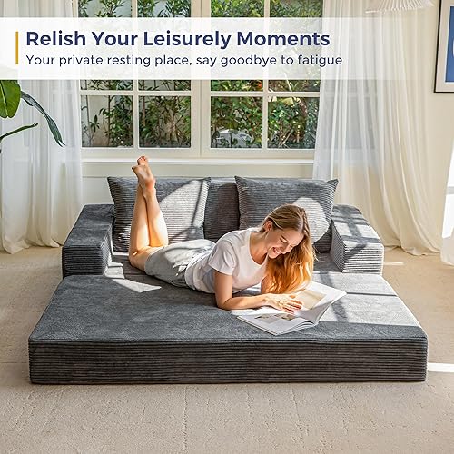 Miniatura 8 de MAXYOYO Sofá cama biplaza, sofá plegable 4 en 1, sofá de piso en una caja con 2 portavasos, sofá convertible sin hueso, silla reclinable plegable