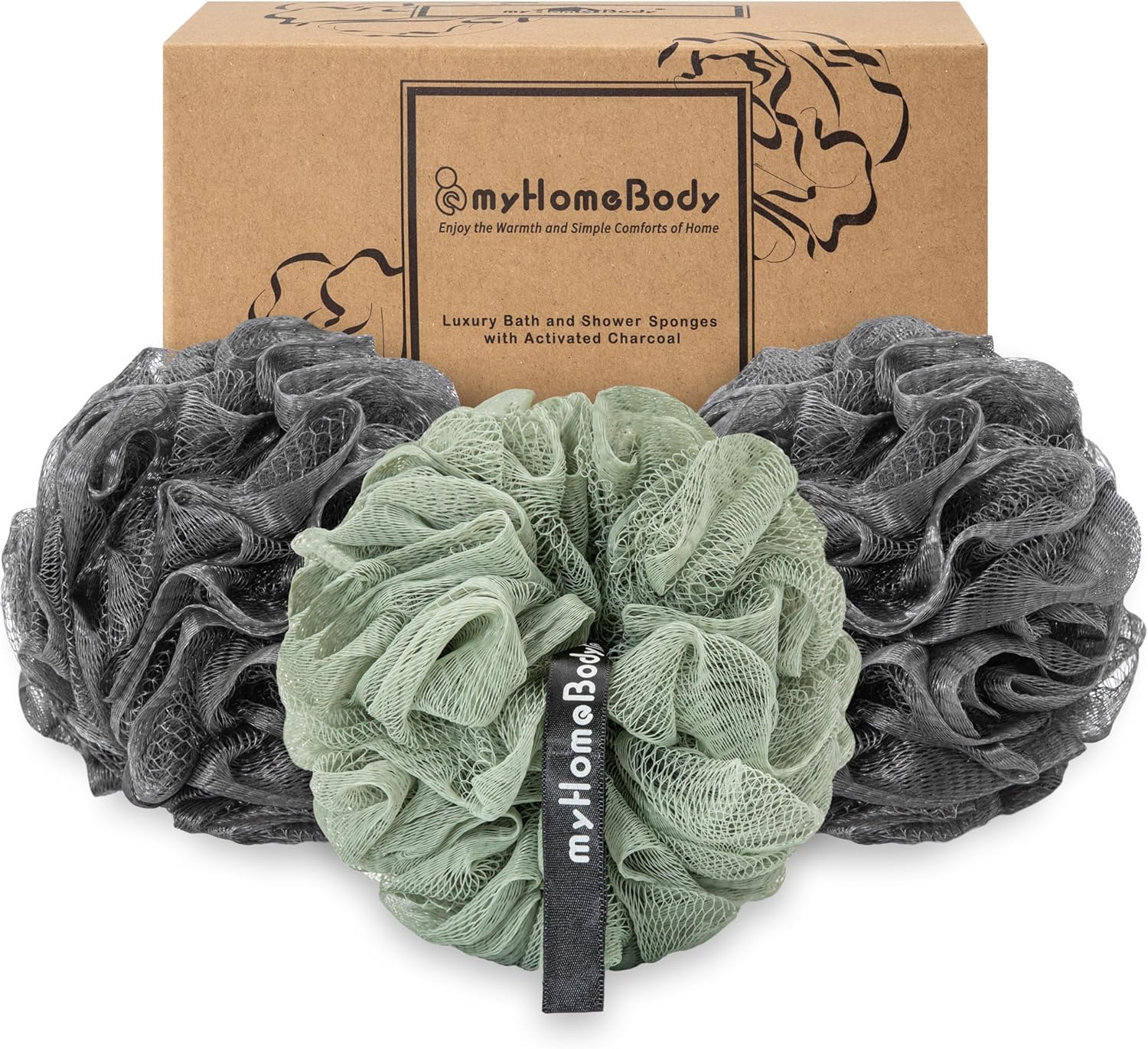 myHomeBody Large 70g Loofah Sponge, Bath Body Scrubber for Women, Men, Exfoliating Shower Pouf with Activated Charcoal – 2 Graphite Gray + 1 Sage Green, 3 Pack myHomeBody Large 70g Loofah Sponge, Bath Body Scrubber for Women, Men, Exfoliating Shower Pouf with Activated Charcoal – 2 Graphite Gray + 1 Sage Green, 3 Pack