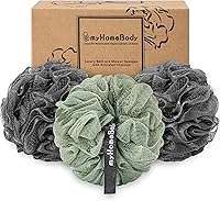 myHomeBody Large 70g Activated Charcoal Loofah Sponge 3-Pack: Exfoliating Shower Pouf for Gentle Skin Scrub, Women & Men